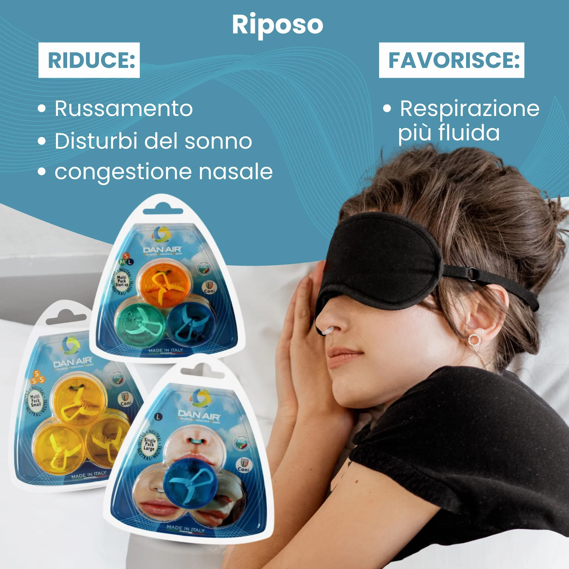 DanAir 3 Dilatatore Nasale Antirussamento Made in Italy Divaricatore Naso Sportivo Dispositivo Anti Russamento Uomo Donna Azzurro S M L