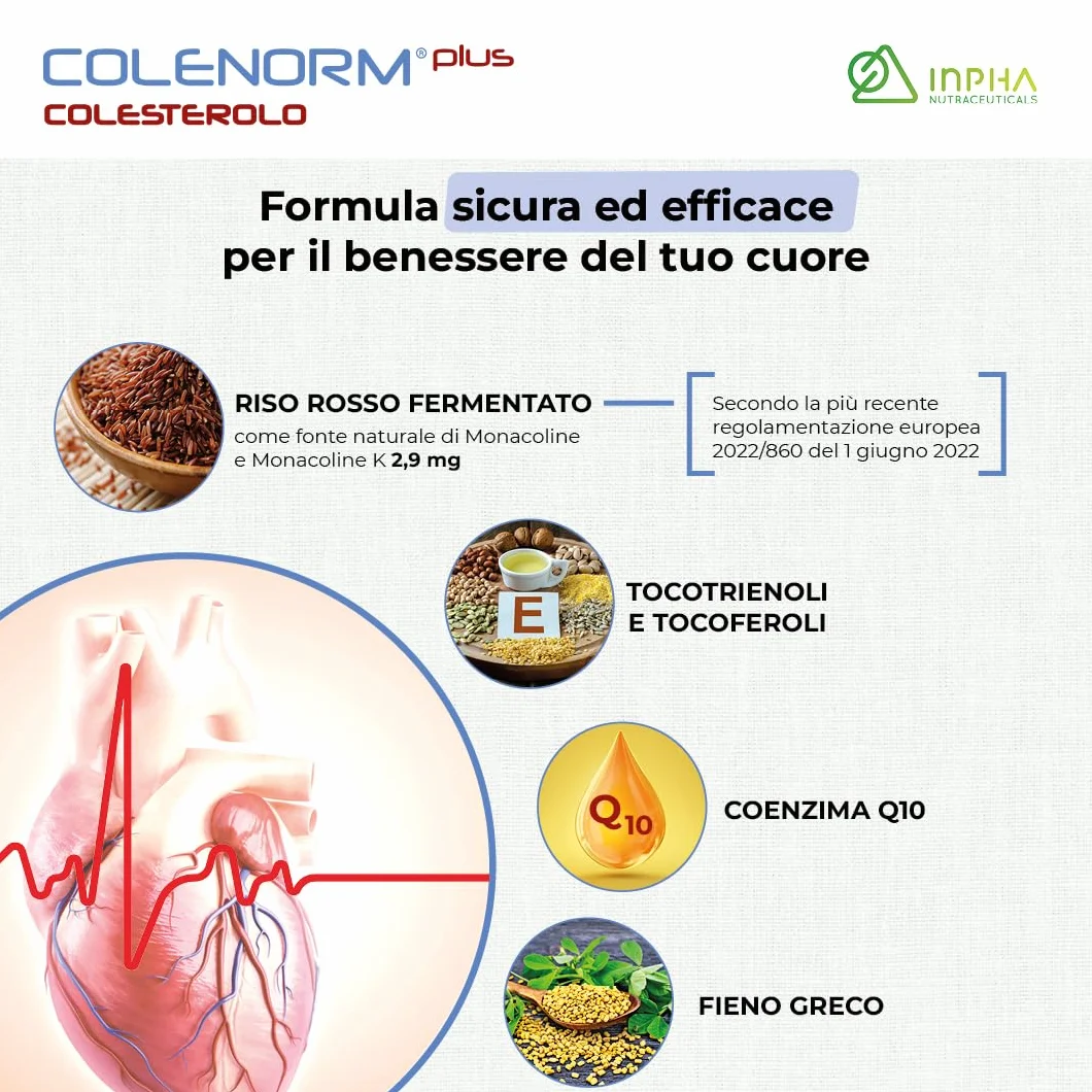COLENORM PLUS COLESTEROLO® Azione Combinata di Riso Rosso, Tocoferoli e CoQ10 - Efficacia Clinica Testata - Senza Glutine/Lattosio • 60 CPR • INPHA 2000