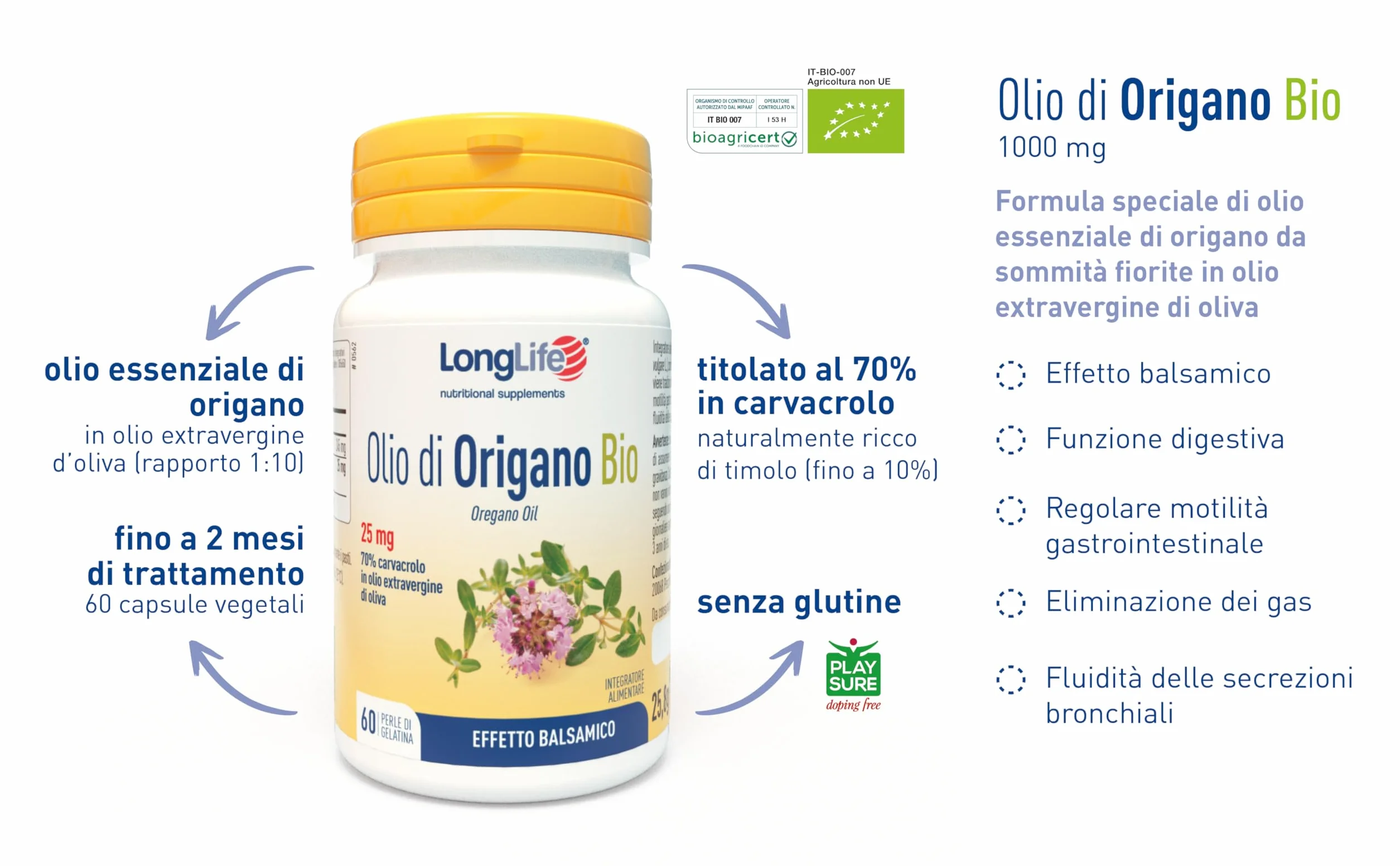 Olio di Origano BIO 70% Integratore Olio Essenziale con Olio Extravergine Oliva 60 Perle Senza Glutine