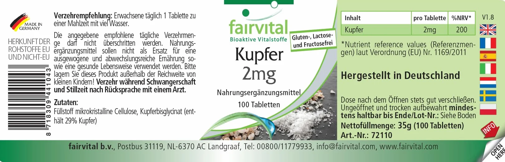 fairvital Compresse di rame 2 mg, ALTO DOSAGGIO, integratore alimentare a base di bisglicinato di rame, vegano, 100 compresse, facili da deglutire