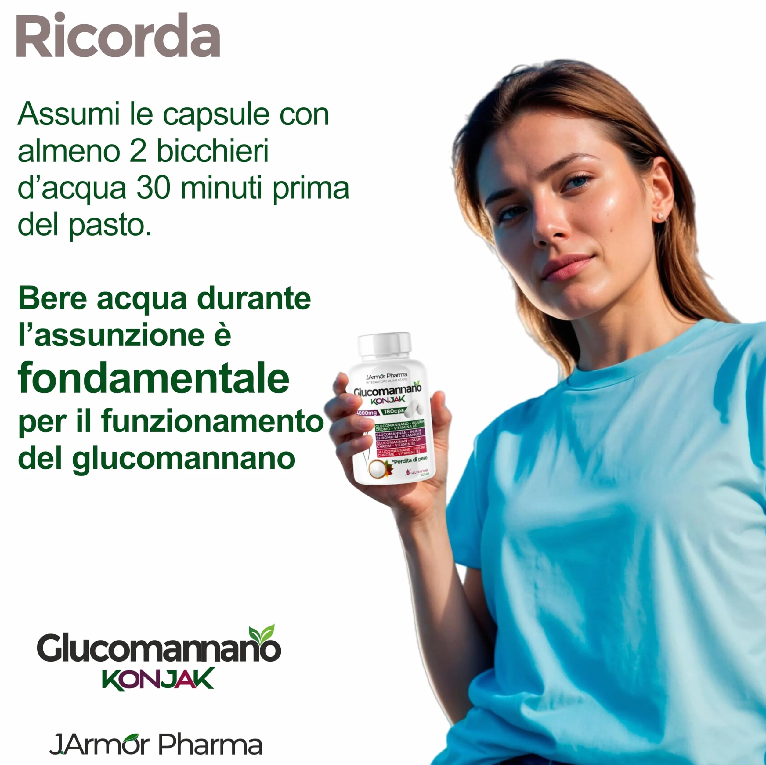 Glucomannano Capsule con Inulina, Cromo e Vitamina B3 – Fibra Alimentare – 180 Capsule Vegane – J.Armor Pharma