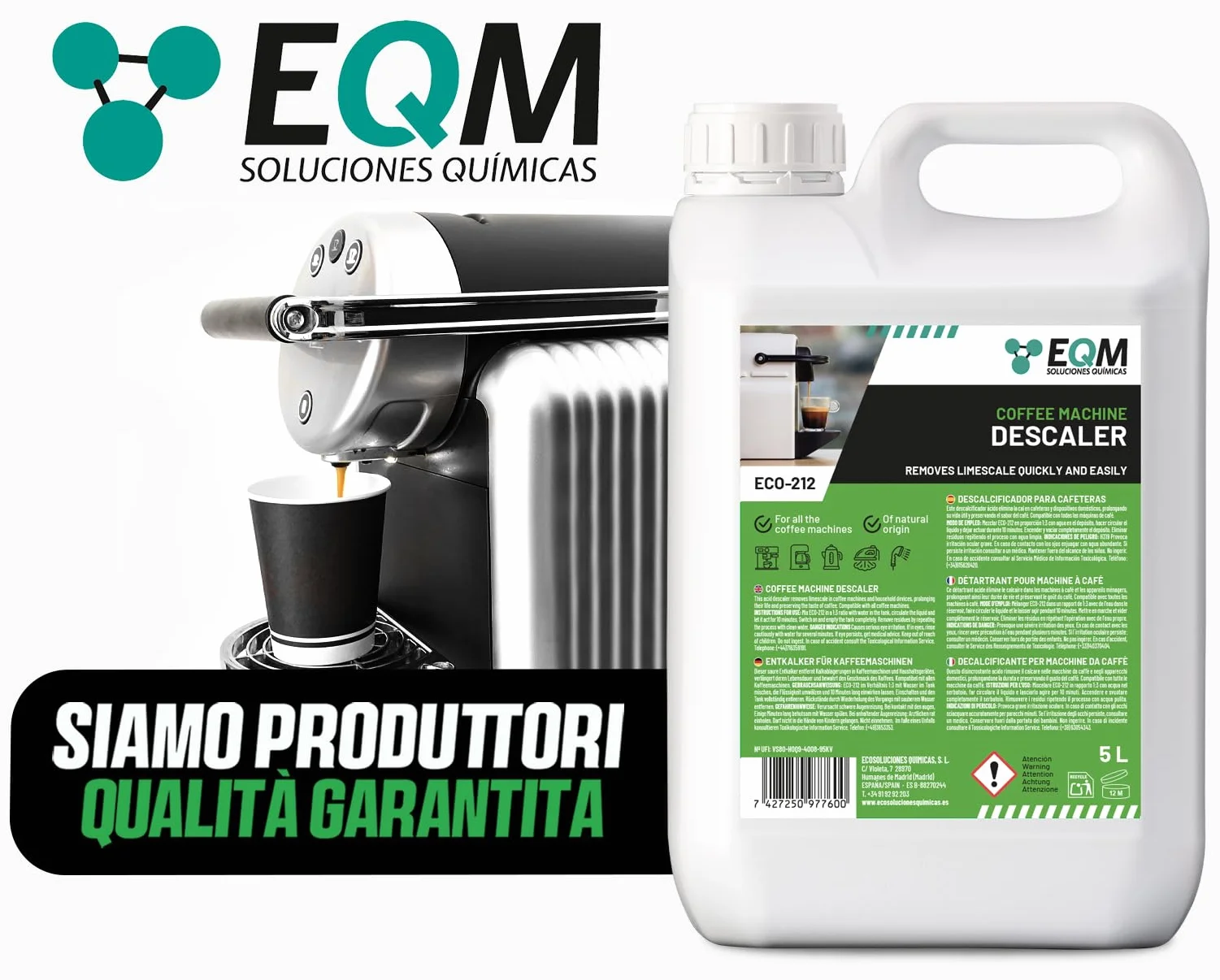 EQM Decalcificante per Macchine da Caffè 5L 100% Origine Naturale