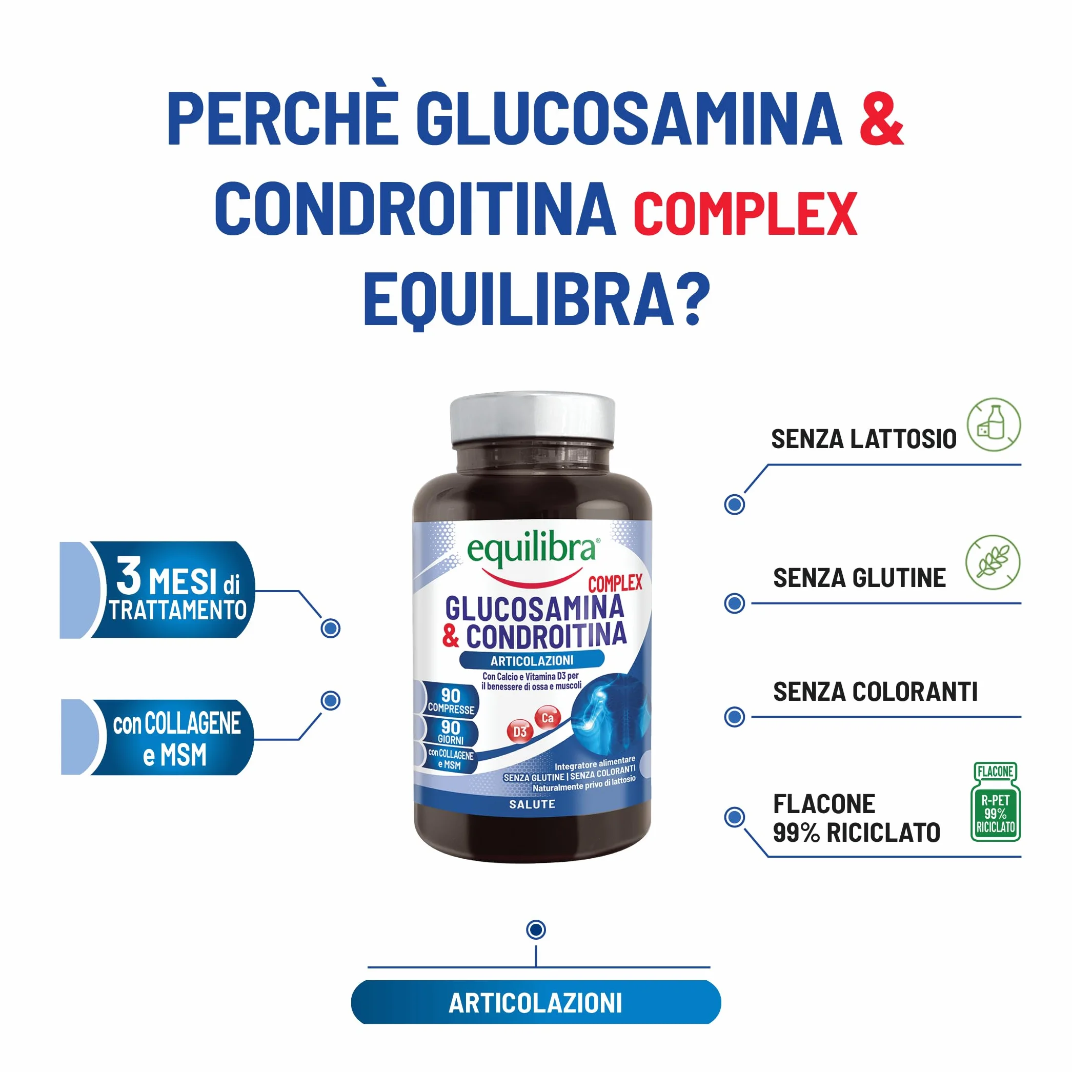 Equilibra Integratori Alimentari, Glucosamina & Condroitina Complex, Integratore a Base di Glucosamina e Condroitina, con MSM, Calcio, Zinco e Vitamina D3, Per le Articolazioni, 90 compresse