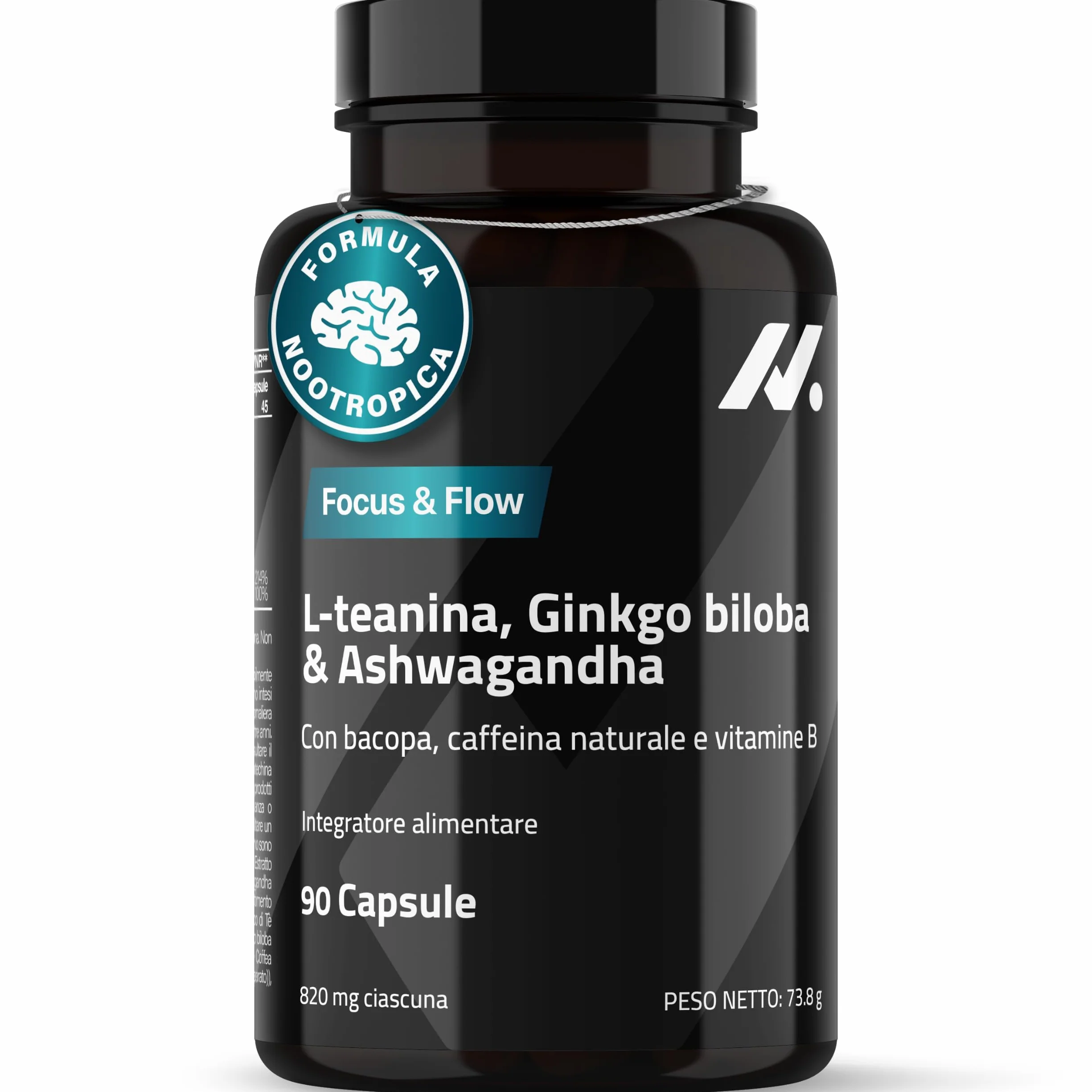 L Teanina, Ginkgo Biloba, Ashwagandha – Nootropico con Bacopa Monnieri, caffeina naturale, vitamine B6 & B12 ad alto dosaggio | Focus, concentrazione & energia senza nervosismo | 90 capsule vegane
