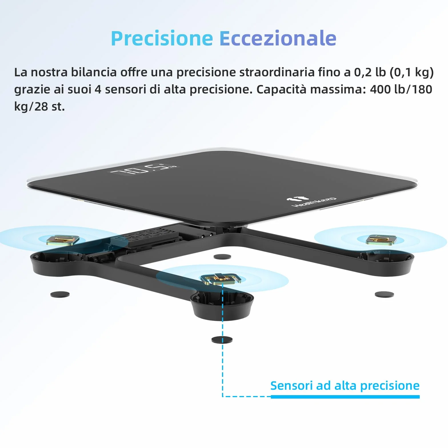 Healthkeep Bilancia Pesapersone Digitale 180 kg, Alta Precisione 0,1 kg, Display LED Retroilluminato, Vetro Temperato 5 mm