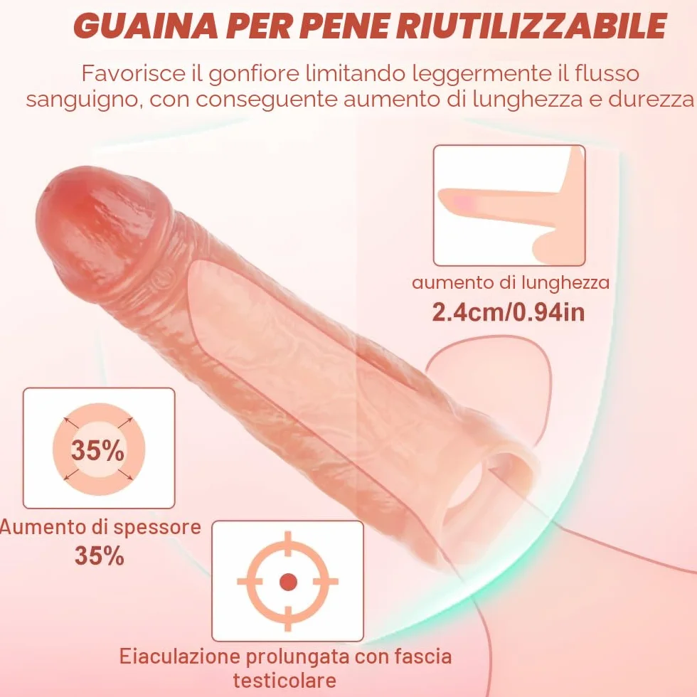 Guaina Pene, Prolunga PenE Indossabile Uomo con Anelli, 20cm/7,9inch Guaine E Prolunghe per Il Pene, Dildo Realistico In Silicone con Vene, Toys Sessuali
