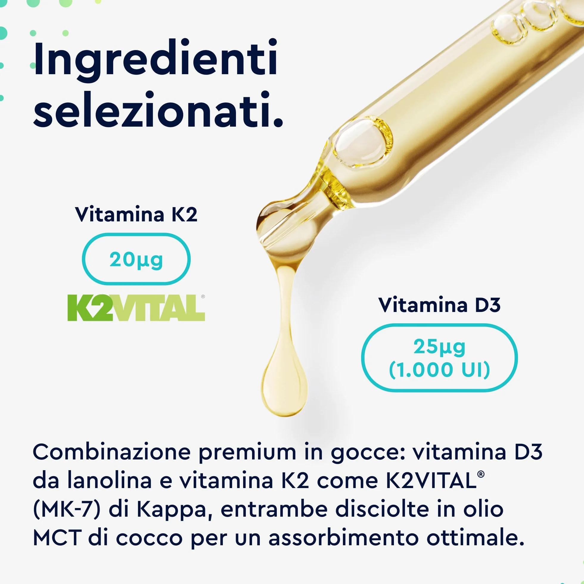 Vitamina D3 K2 50ml in Gocce, Eletto PRODOTTO DELL'ANNO 2025, Colecalciferolo 1000 UI per Goccia, Menachinone Premium 99,7+% All Trans MK7 (K2VITAL® di Kappa), Naturale con Pipetta Dosagocce