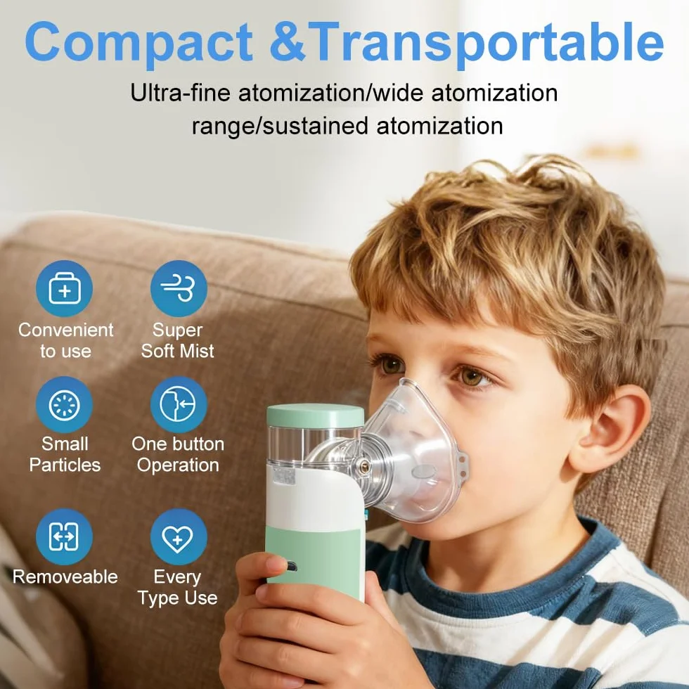 Aerosol Portatile Silenzioso Ricaricabile, Kit con 2 Maschere e 1 Boccaglio per Adulti e Bambini