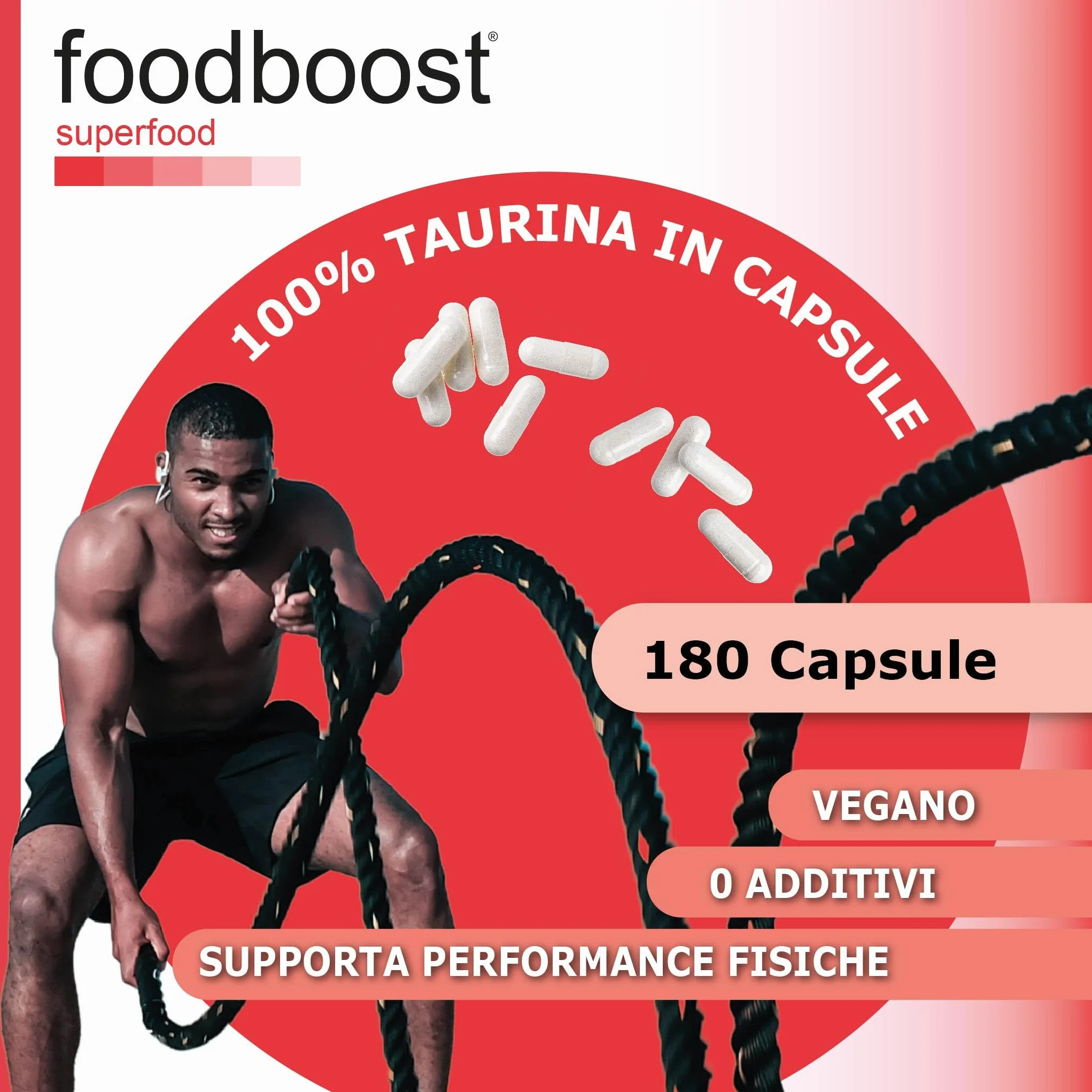 foodboost Taurina 750 mg - 180 Capsule Vegane (3 Mesi) - Integratore Energetico pre workout/post workout, Antiossidante, Supporto Benessere Cardiaco e Muscolare - Assorbimento rapido - Ø additivi