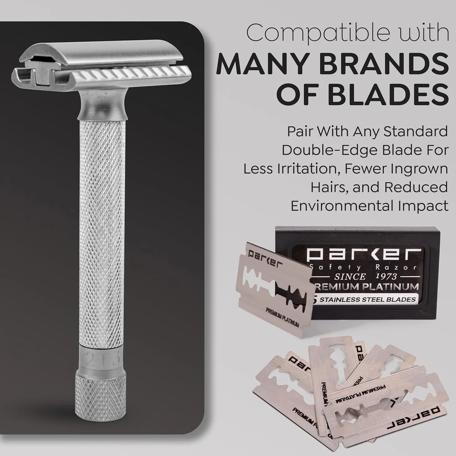 Parker Safety Razor Parker Variante regolabile doppio bordo rasoio di sicurezza e 5 Premium Blades - Cromo satinato