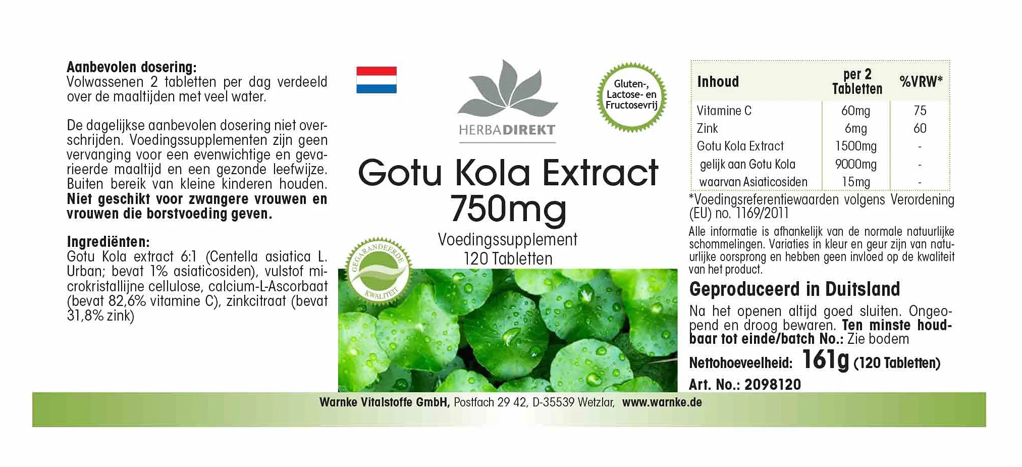 Gotu Kola 750mg estratto ad alto dosaggio con zinco e vitamina C 120 compresse vegan HERBADIREKT by Warnke Vitalstoffe