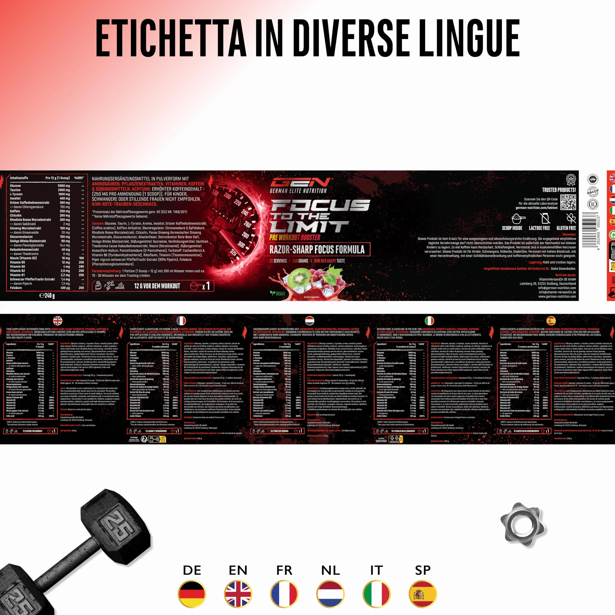 Focus to the Limit - Pre-Allenamento con L-Tirosina + Taurina + Inositolo + Estratto di Ginkgo + Citicolina + Radice di Rosa Rodiola + Caffeina e Vitamine - (240g, Gusto kiwi e uva Rossa)