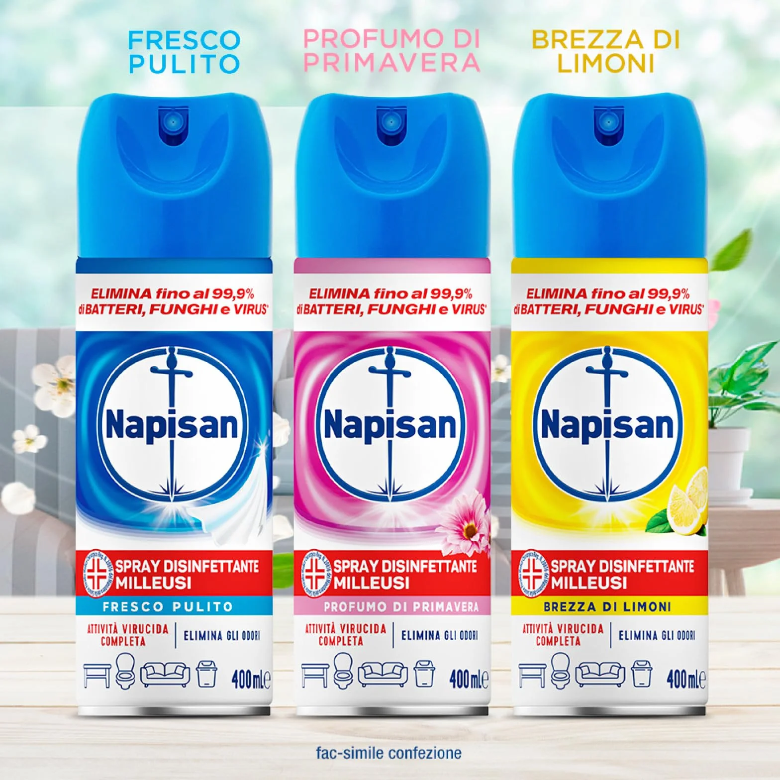 Napisan Spray Disinfettante Milleusi 2x400ml per Tessuti e Superfici Elimina Batteri Funghi Virus