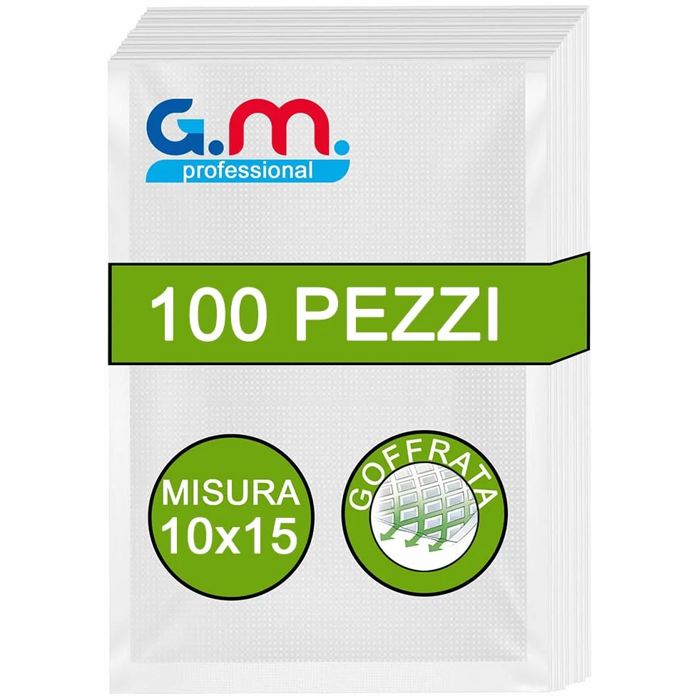GM 100 Sacchetti Sottovuoto Goffrati 10x15 cm per Alimenti, Senza BPA