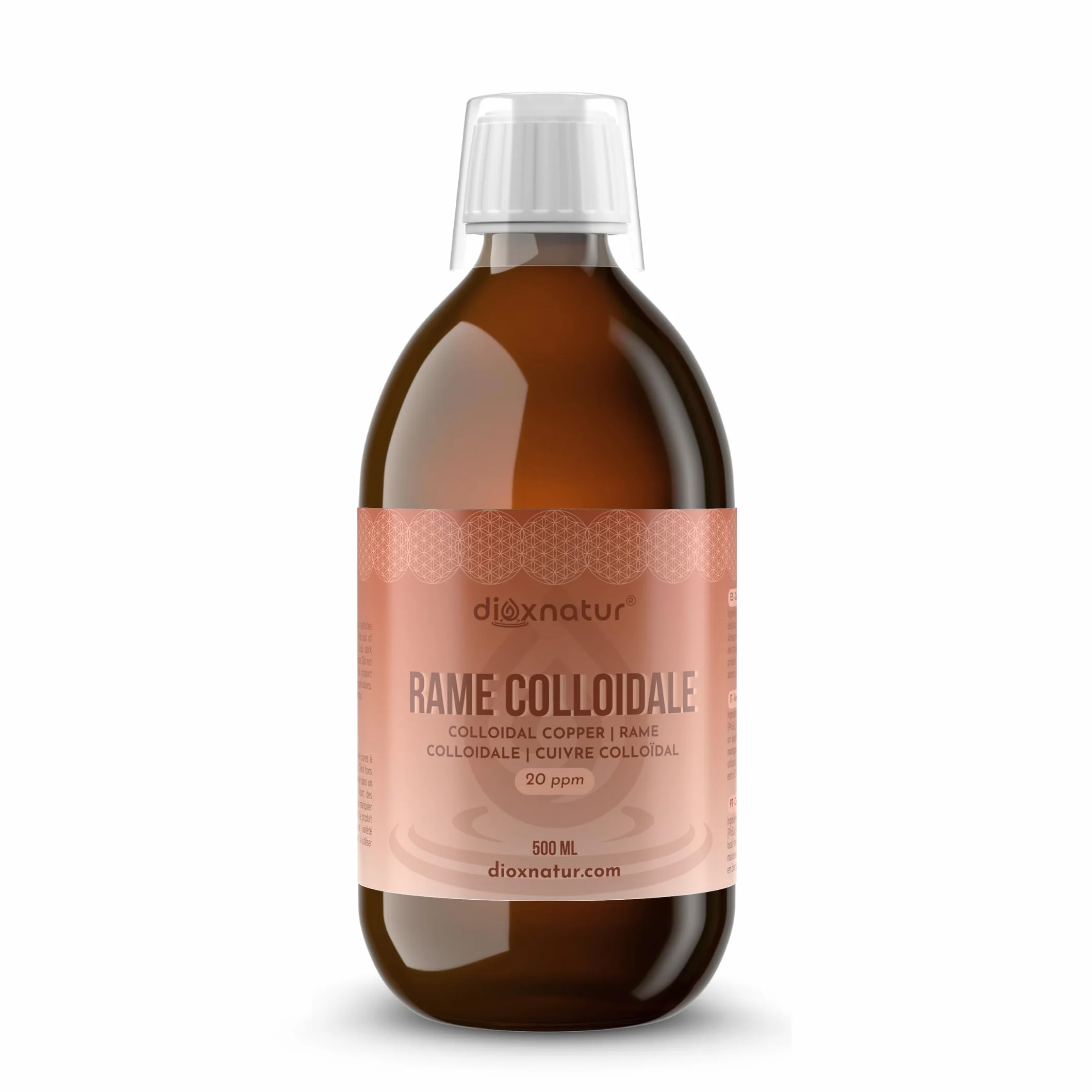 Rame Colloidale 500 ml - 20 ppm - 99,99% Purezza - Soluzione Liquida con Acqua Bidistillata - Flacone Vetro Ambra con Bicchierino Graduato
