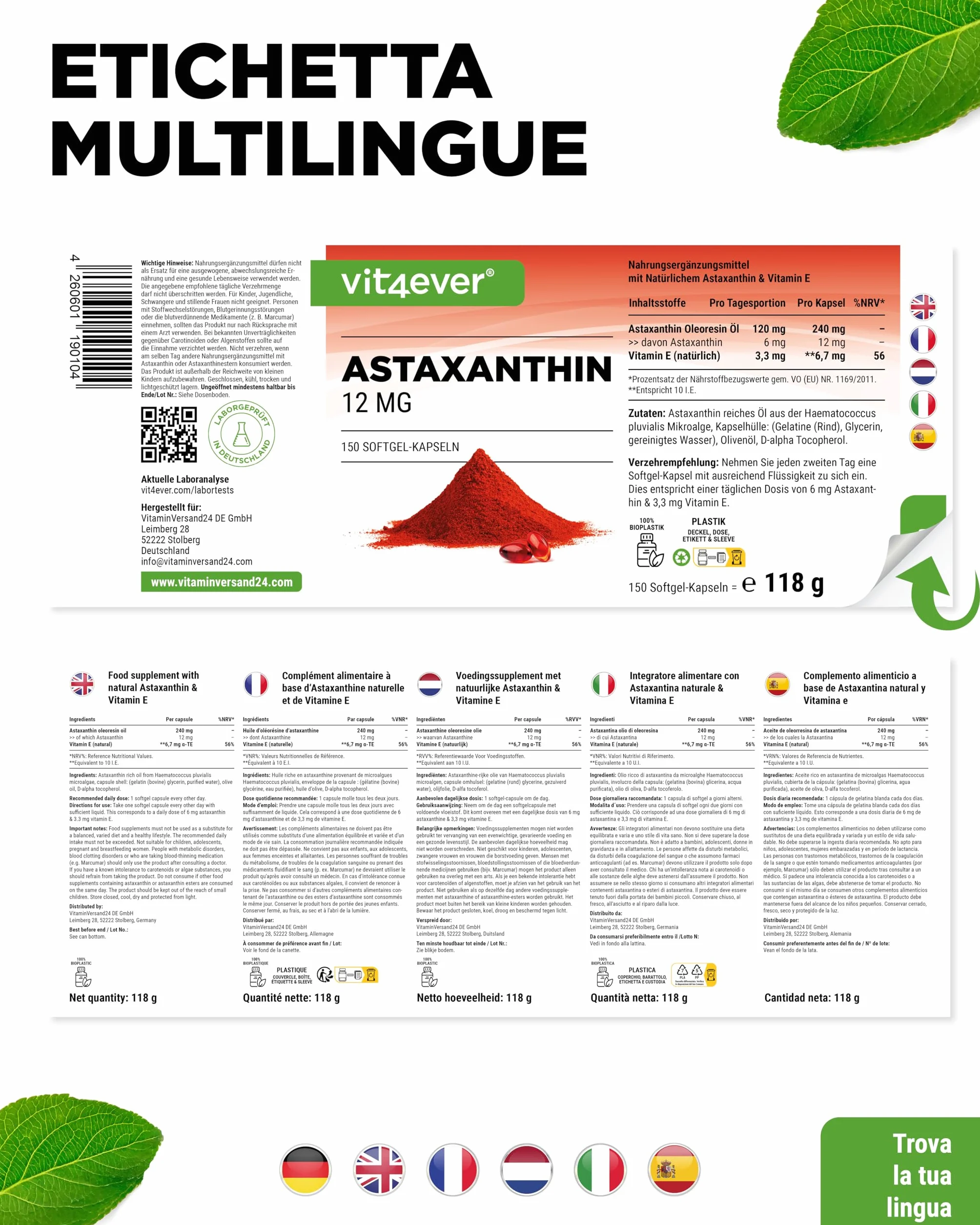 Astaxantina 12 mg 150 capsule softgel - Premium da Haematococcus pluvialis con vitamina E e olio d'oliva