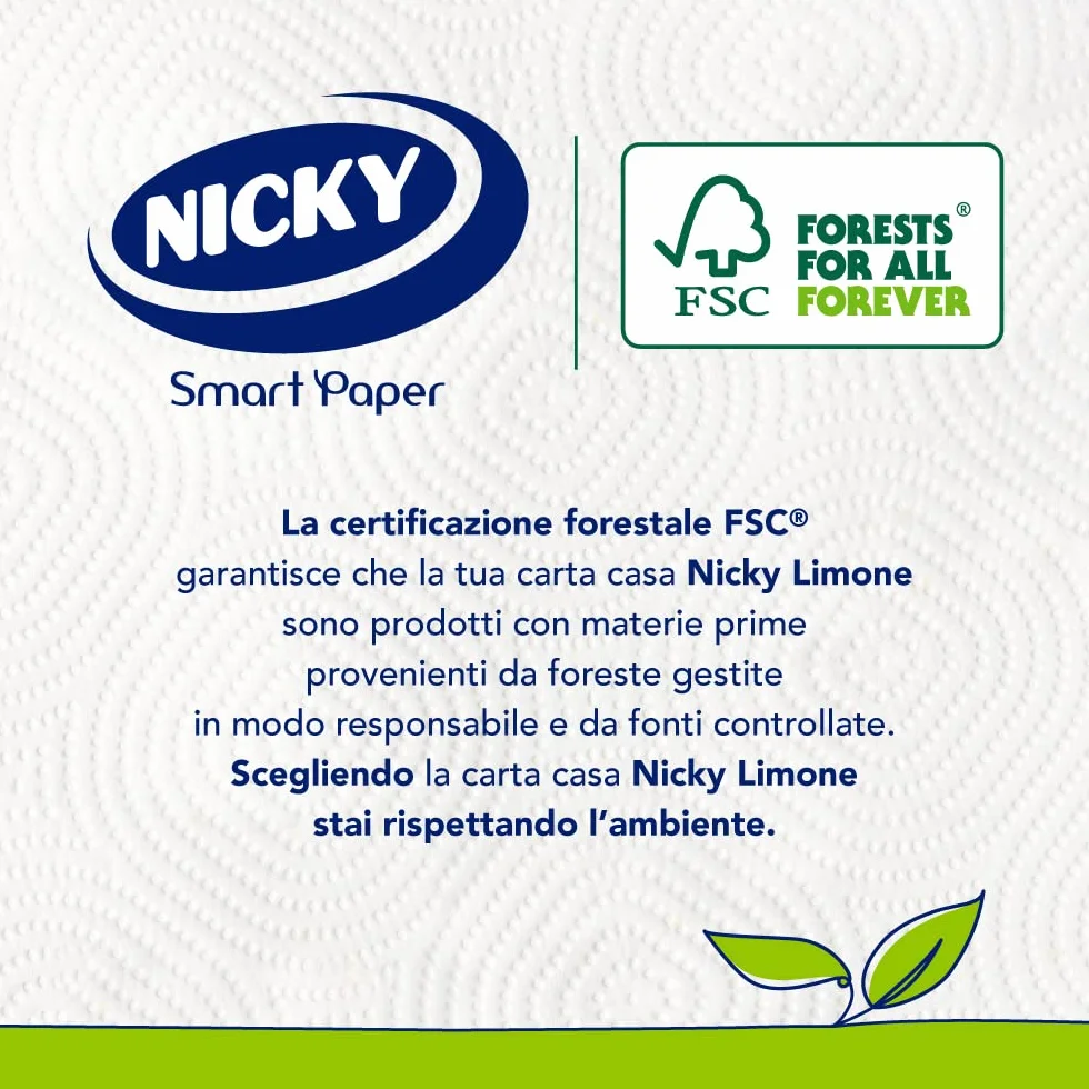 Nicky Limone Carta Cucina 2 Rotoli 100 Fogli Assorbenti 2 Veli Spessa Resistente Fresco Profumo Limone 100% FSC®
