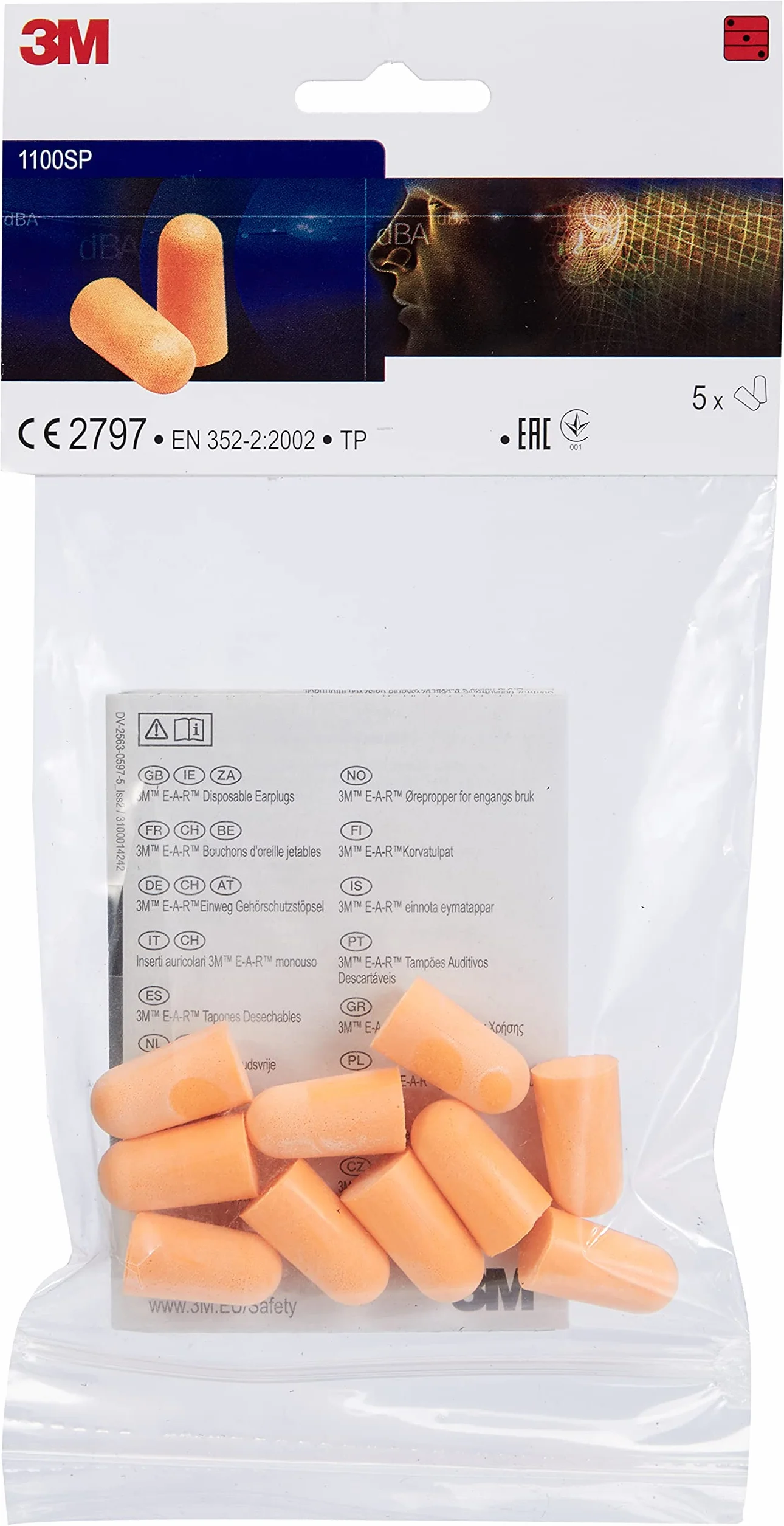 3M 1100SP Inserti Auricolari senza Cordino, 37 dB, 5 Pezzi