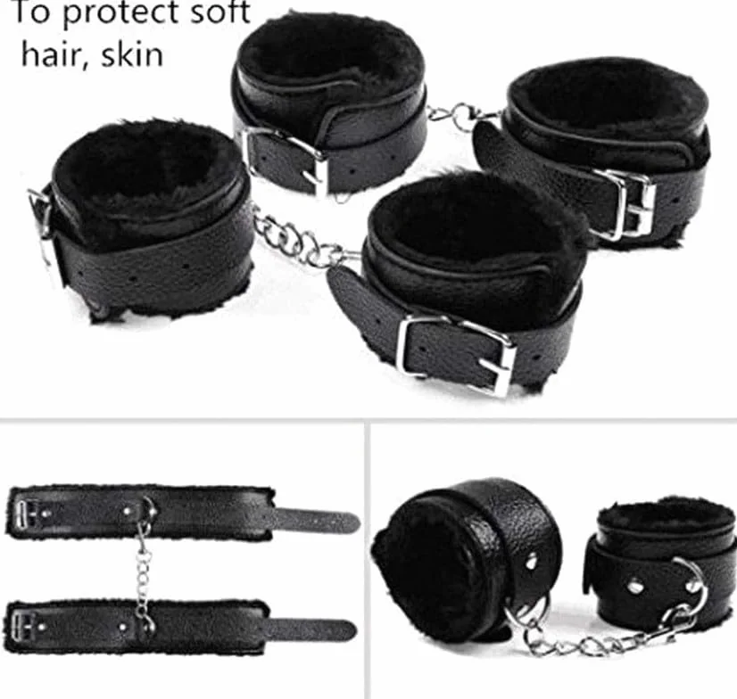 Sex Bondage Kit 10 Pezzi Pelle Nera Regolabile con Manette e Piuma Bastone