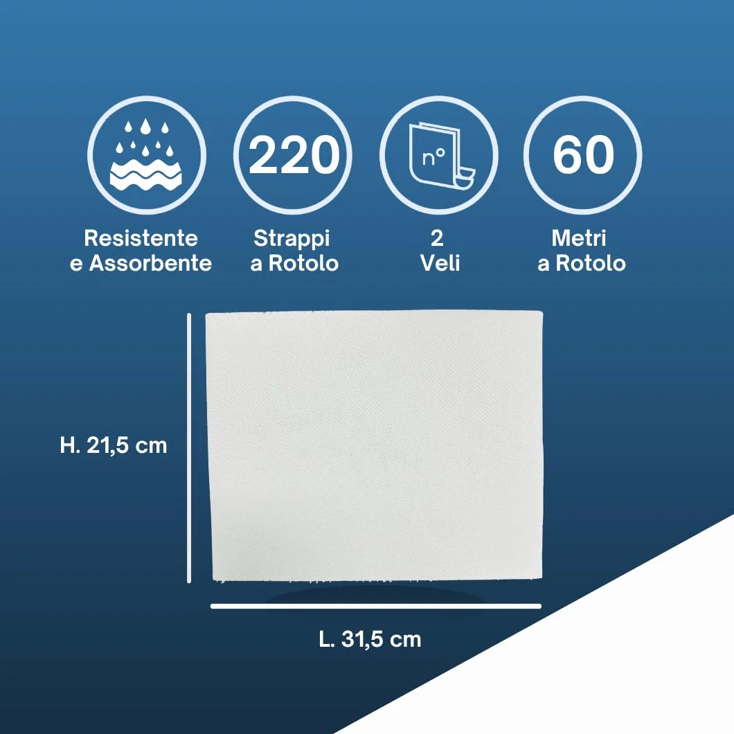 Rotoli Asciugamani Carta 2 Veli Pura Cellulosa 220 Strappi 21,5 x 31,5 cm 1 Pack