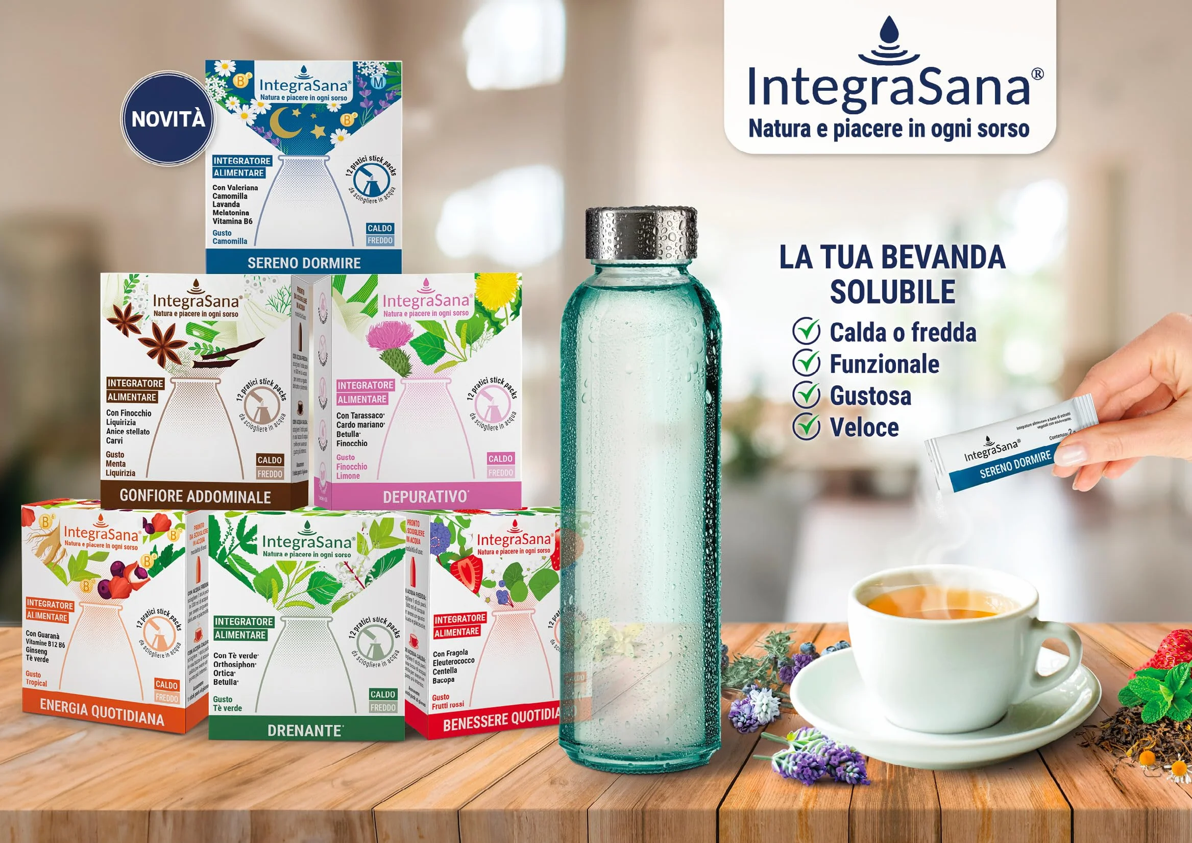 Integratore solubile, Gusto tè verde, Confezione da 12 stick da sciogliere in acqua fredda o calda. Favorisce il drenaggio dei liquidi corporei.