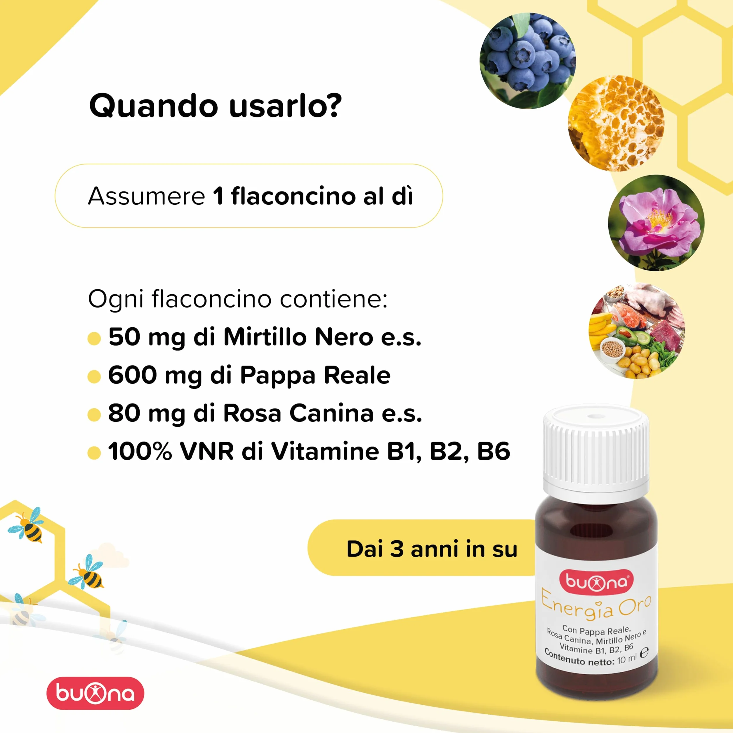 Buona Energia Oro Flaconcini Bambini 10 x 10 ml Integratore Stanchezza con Pappa Reale, Vitamine B1, B2, B6, Rosa Canina, Mirtillo Nero