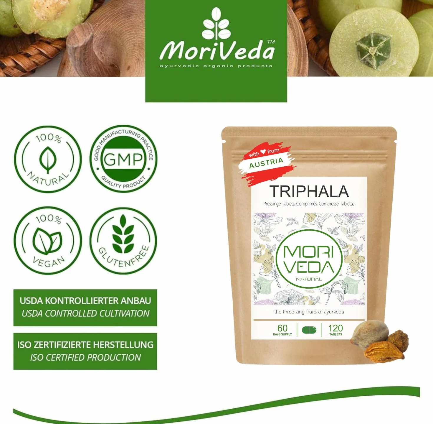 MoriVeda Triphala compresse 1000 mg, miscela ayurvedica di tre frutti composta da amla, haritaki e bibhitak, integratore vegetale vegano, 3x 120 compresse