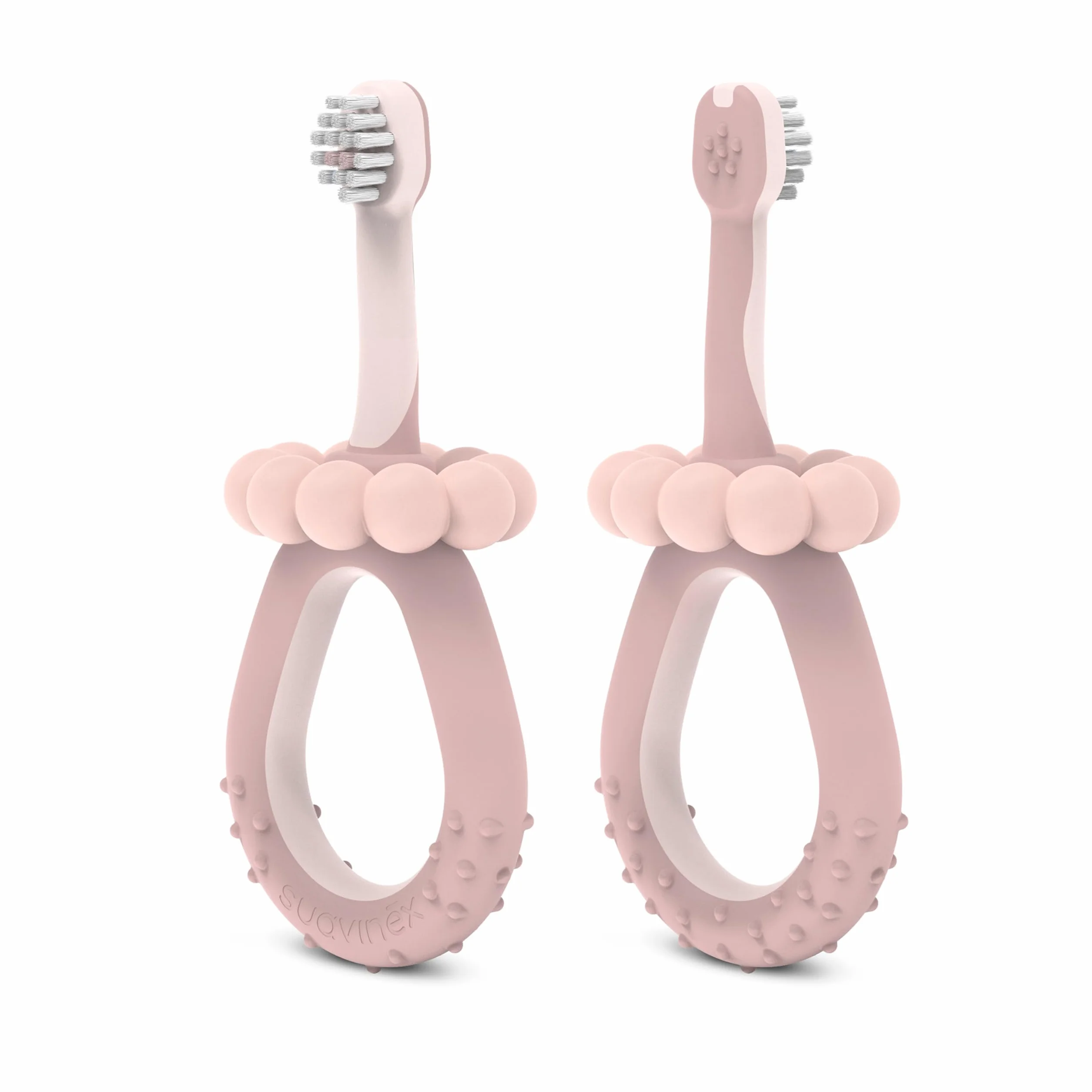 Suavinex, Spazzolino da denti per bambini da 0 a 2 anni, setole super morbide, ideale per gengive sensibili, manico ergonomico, testurizzato e antiscivolo, tappo di sicurezza, pulisci lingua, rosa