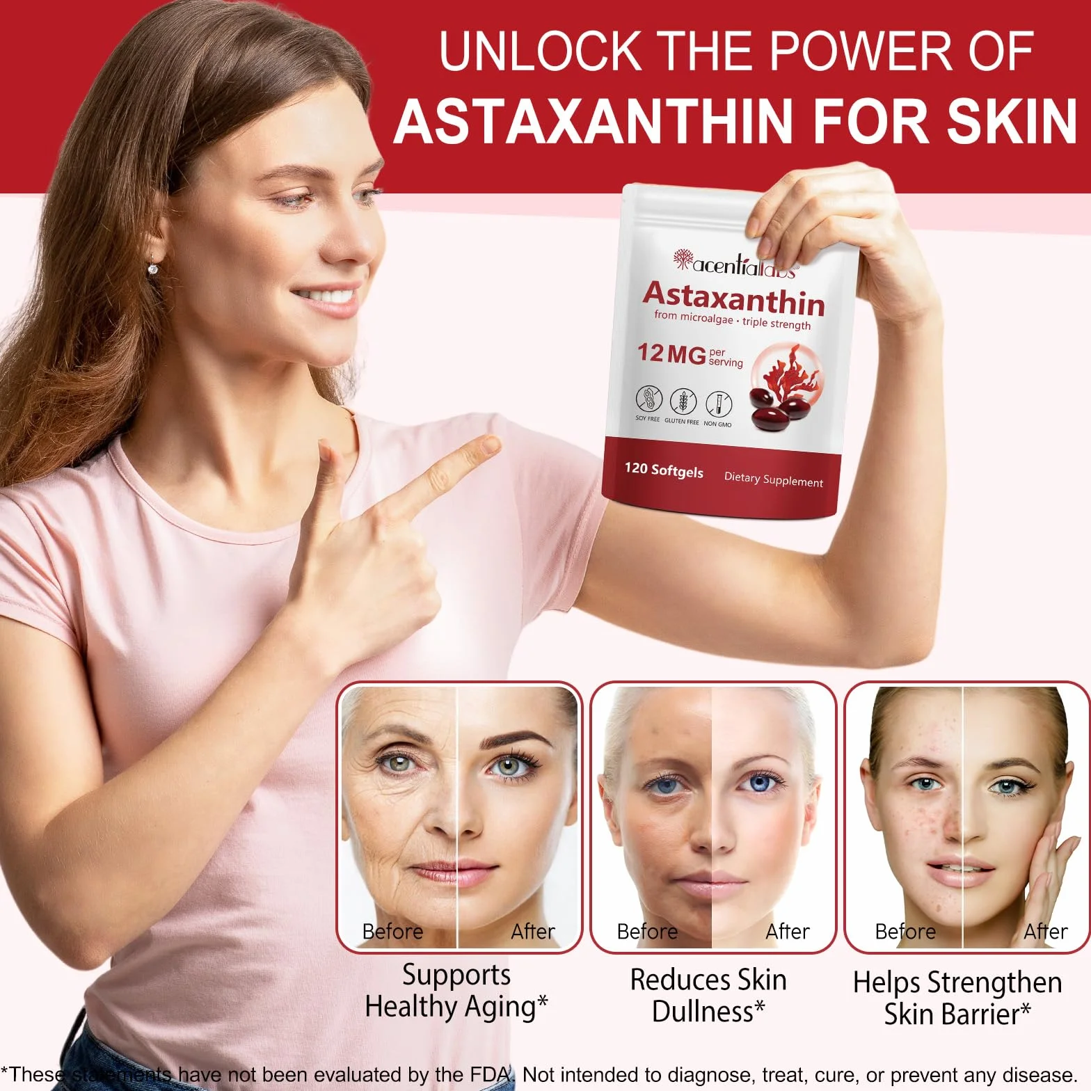Astaxantina 12 mg 120 Softgel Integratore Antiossidante Tripla Forza Da Microalghe Fresche