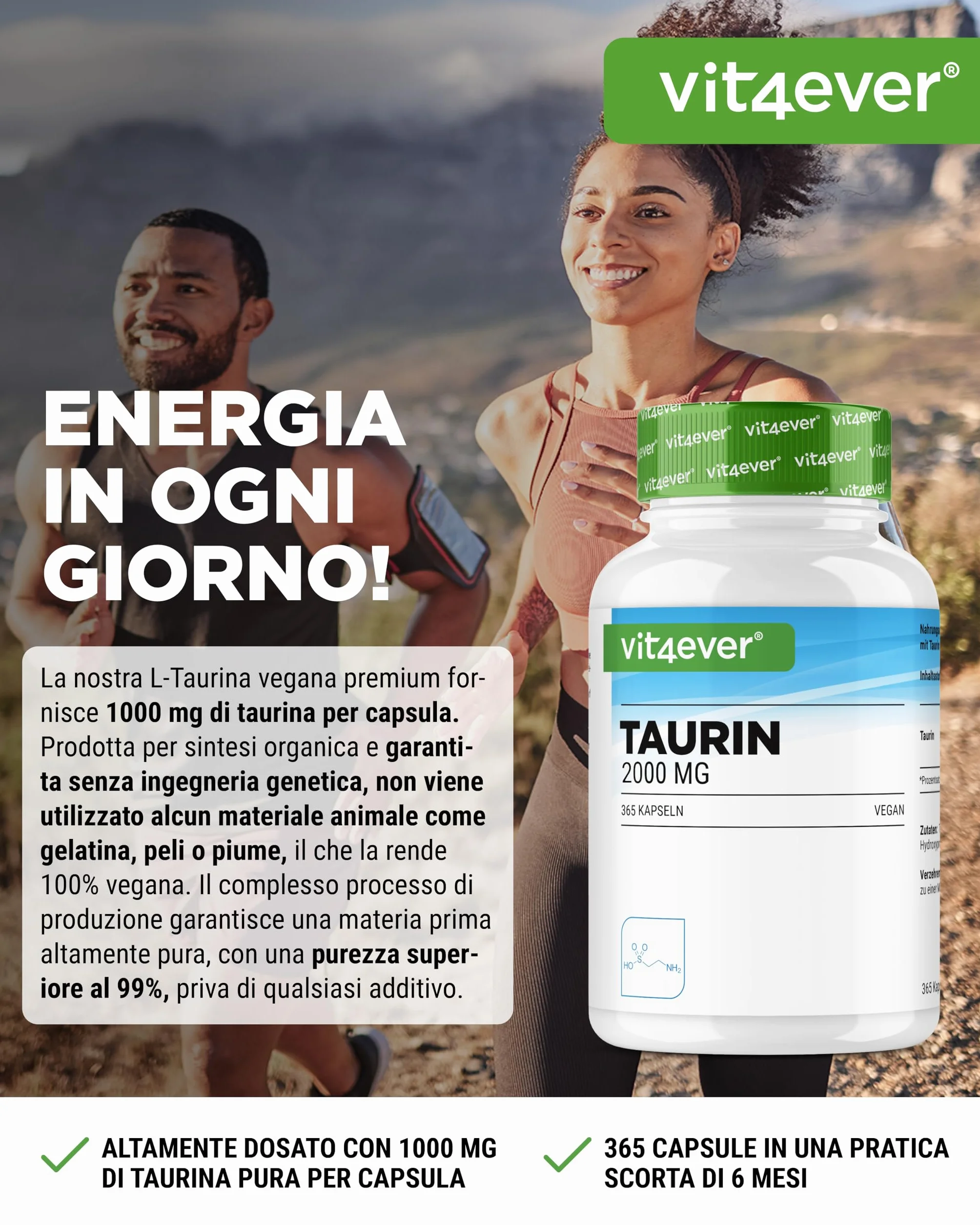 Vit4ever Taurina 365 Capsule Extra Alto Dosaggio 2000 mg per Dose Giornaliera Vegano