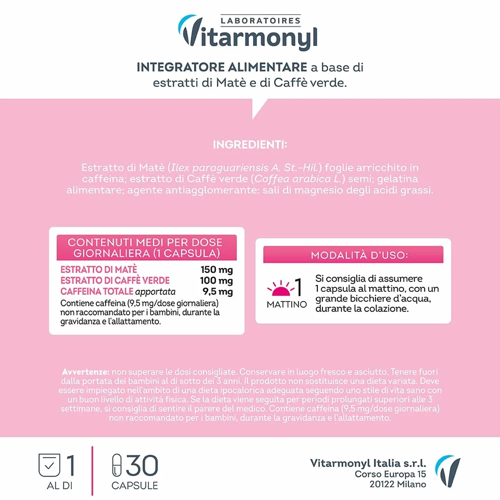 Vitarmonyl Caffè Verde e Mate Integratore Stimolante Drenante 30 Capsule