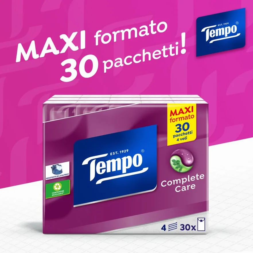 Tempo Fazzoletti Tascabili Complete Care 30 pacchetti da 9 fazzoletti con Balsamo