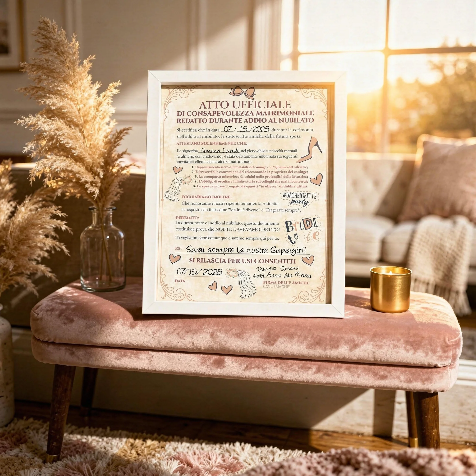 KAÏDENSÏ Gadget Addio al Nubilato Sposa - Pergamena Atto di Consapevolezza Matrimoniale - Accessori Team Bride Divertenti - Kit Idea Regalo Originale