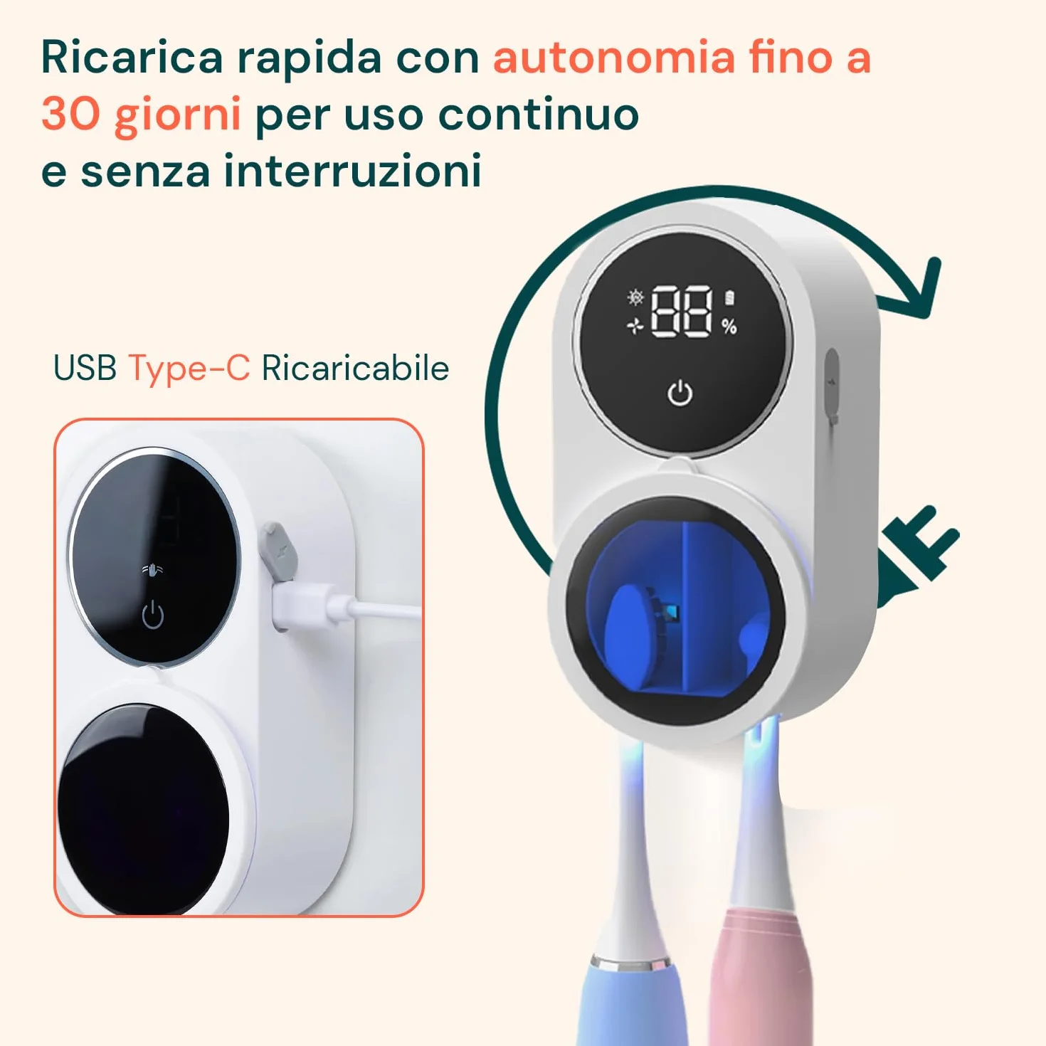 Avilia Sterilizzatore Spazzolini da Parete UV-C con Sensore Infrarossi e Display LED - Asciugatura Automatica e Ricarica USB - Porta Spazzolino Antibatterico per Spazzolini Manuali ed Elettrici