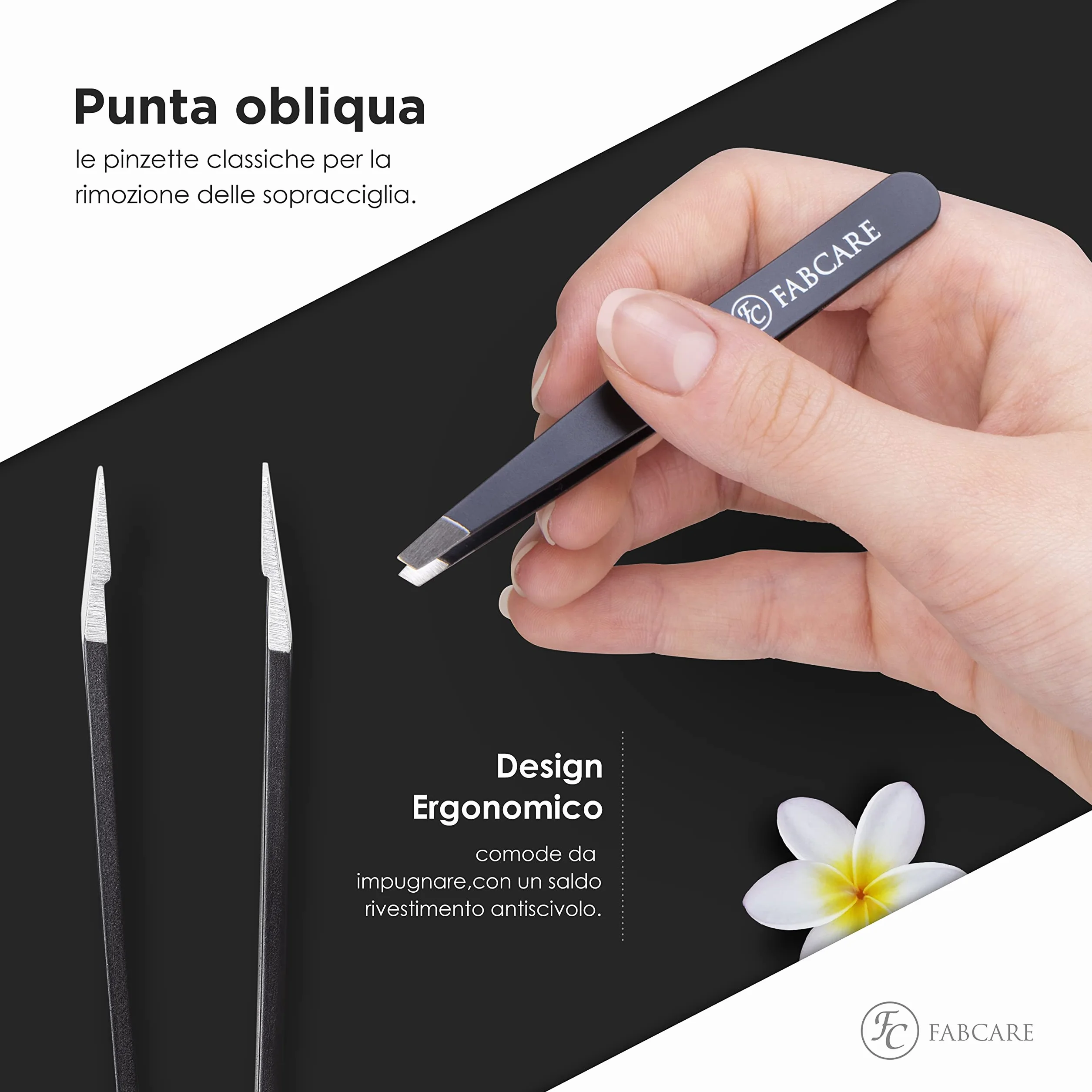 FABCARE Pinzetta per tirare le sopracciglia (obliqua) incl. custodia - punta migliorata - pinzette per sopracciglia professionali con rivestimento antiscivolo - pinzette per depilazione