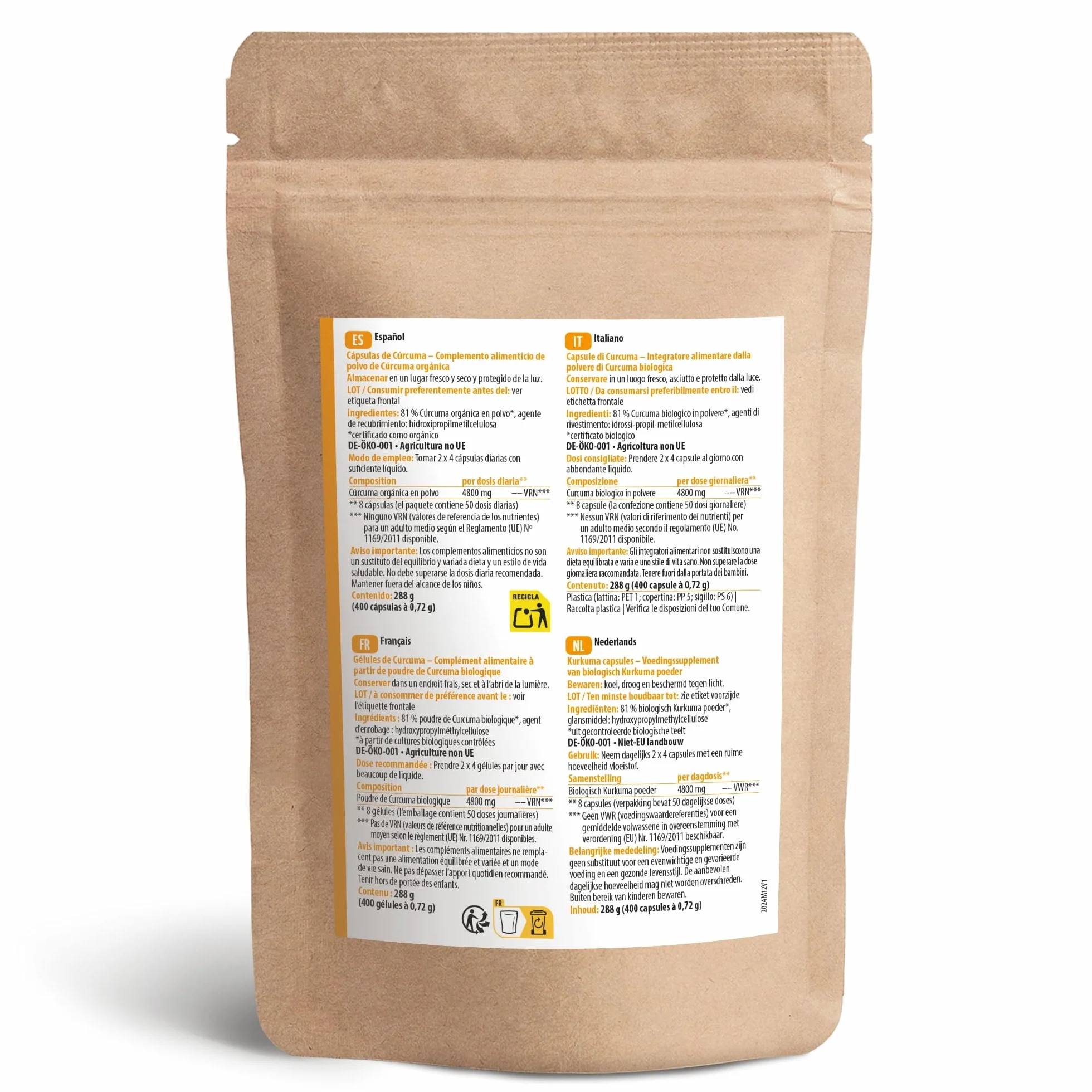 Capsule di curcuma biologiche 4800 mg 400 pezzi ricarica Achterhof