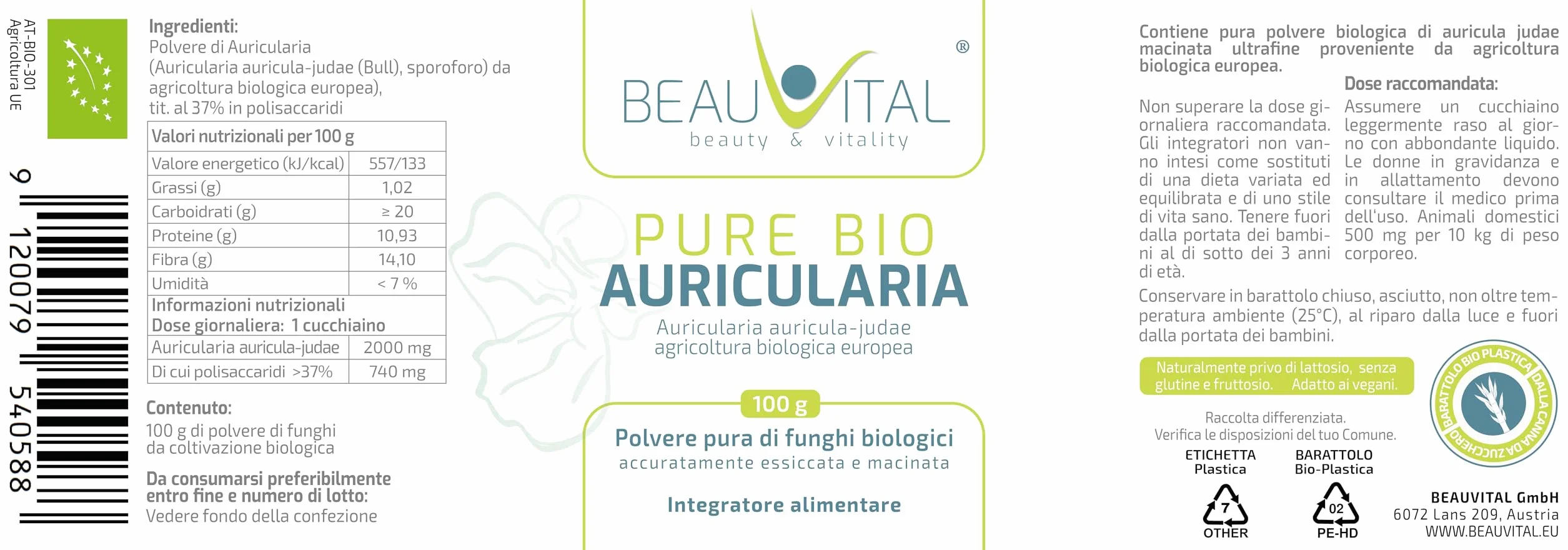Pure Bio Auricularia Polvere 100 g Orecchio di Giuda da agricoltura biologica UE, vegano, senza additivi artificiali