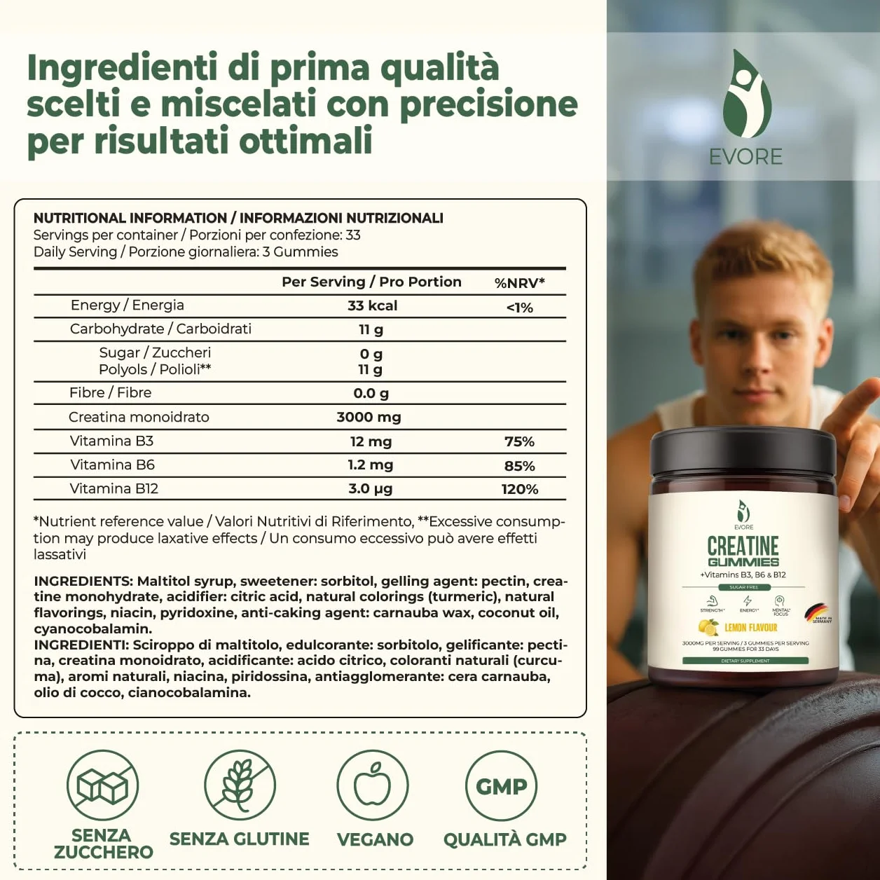 Creatina Gommose – 3000 mg di creatina per porzione – 99 gommose – Testate in laboratorio, prodotte in Germania – con vitamine B3, B6 e B12 – Alternativa a capsule e polvere – Gusto limone
