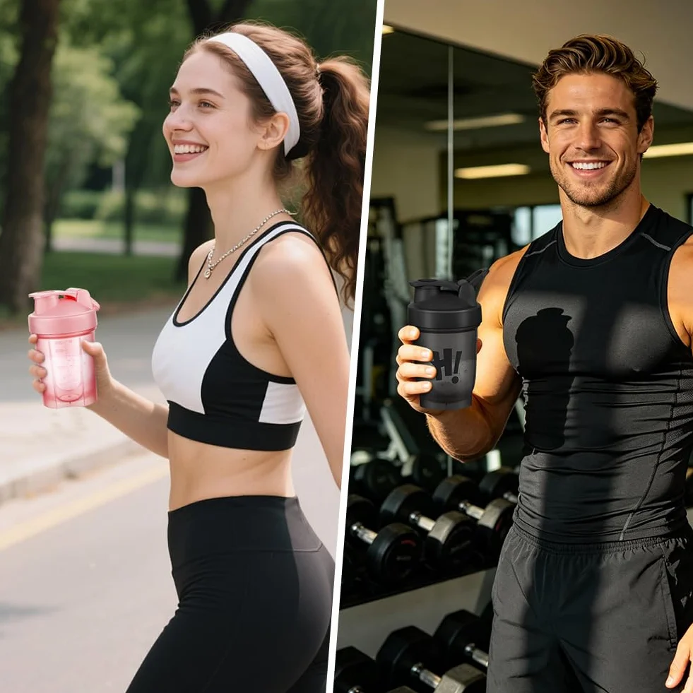 AOOWU Shaker per Proteine, 2 Pcs Shaker Proteico 350 ML con Sfera di Miscelazione, Agitatore Snap-Fit, Protein Bottiglie a Prova di Perdite, Bottiglie per Miscele di Proteine e Integratori, Senza BPA