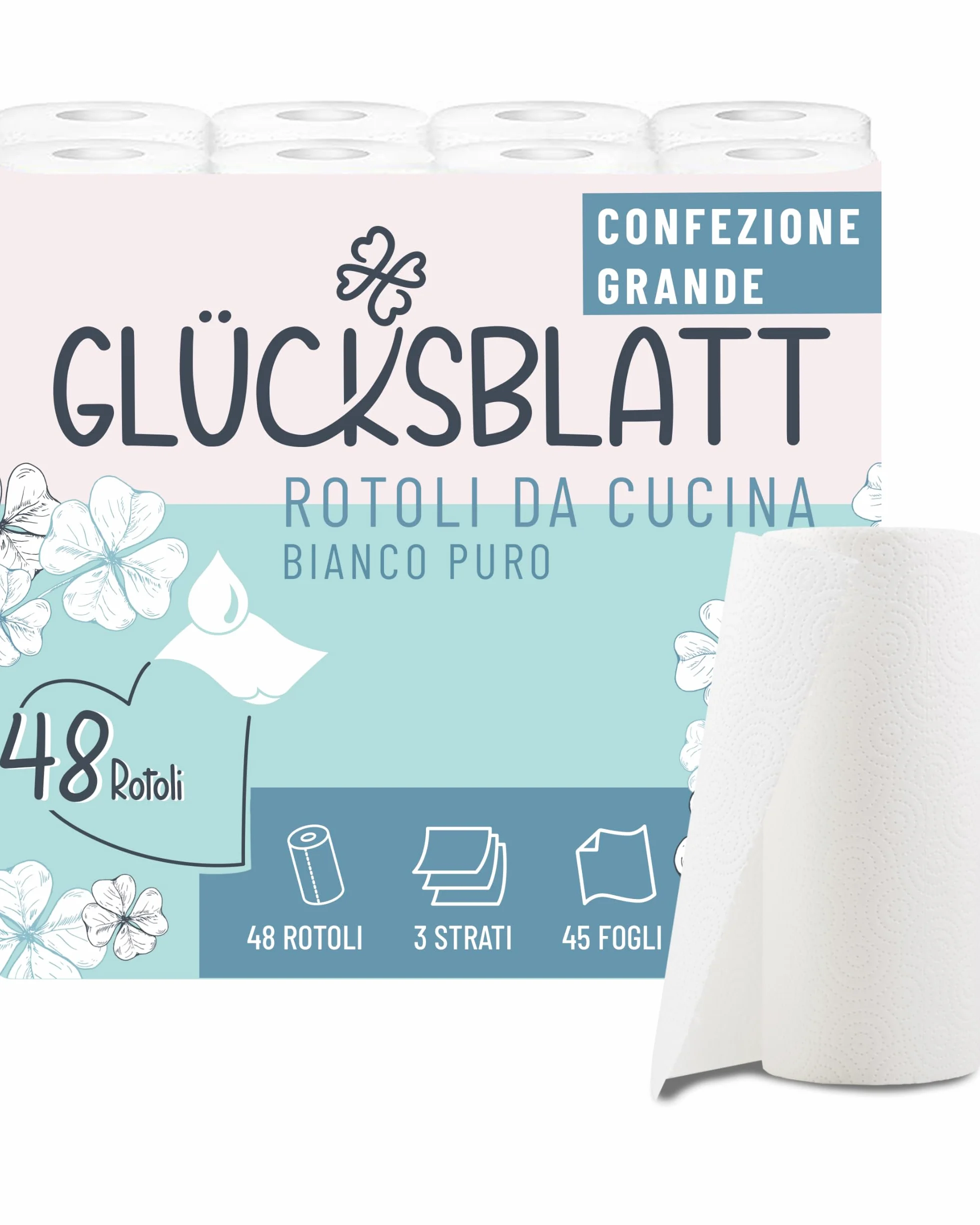 Glücksblatt Asciugamani da cucina 48 rotoli 45 fogli 3 strati 100% polpa assorbenti carta da cucina