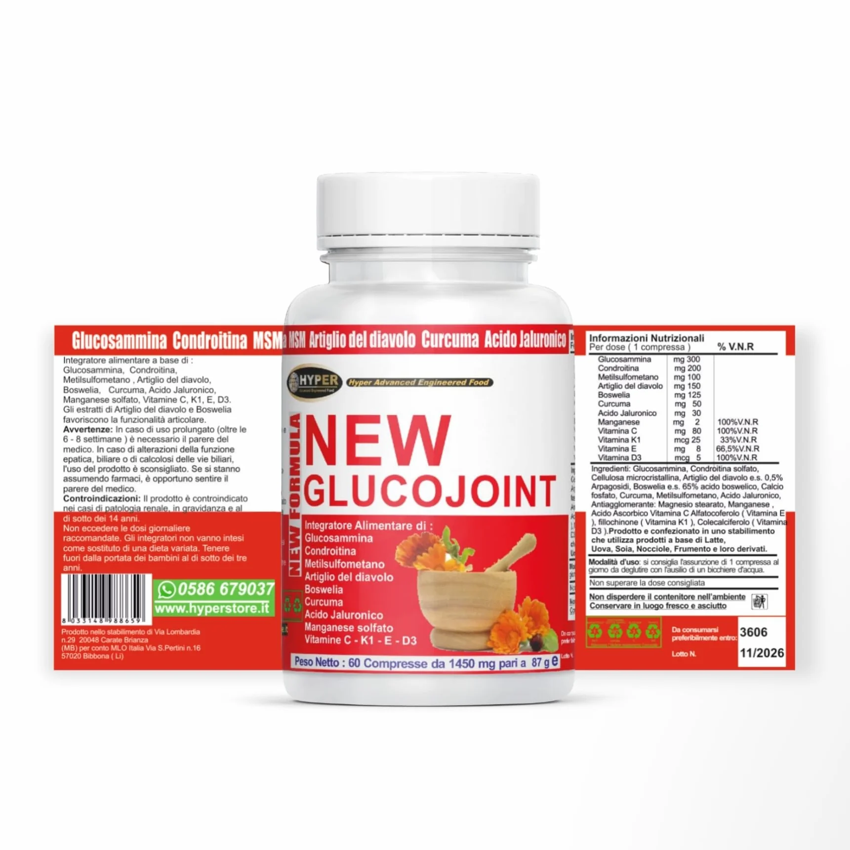Hyper Glucojoint Integratore Alimentare | con Glucosamina Condrotina MSM, Artiglio del Diavolo Forte e Acido Ialuronico | 60 Compresse Prodotto in Italia