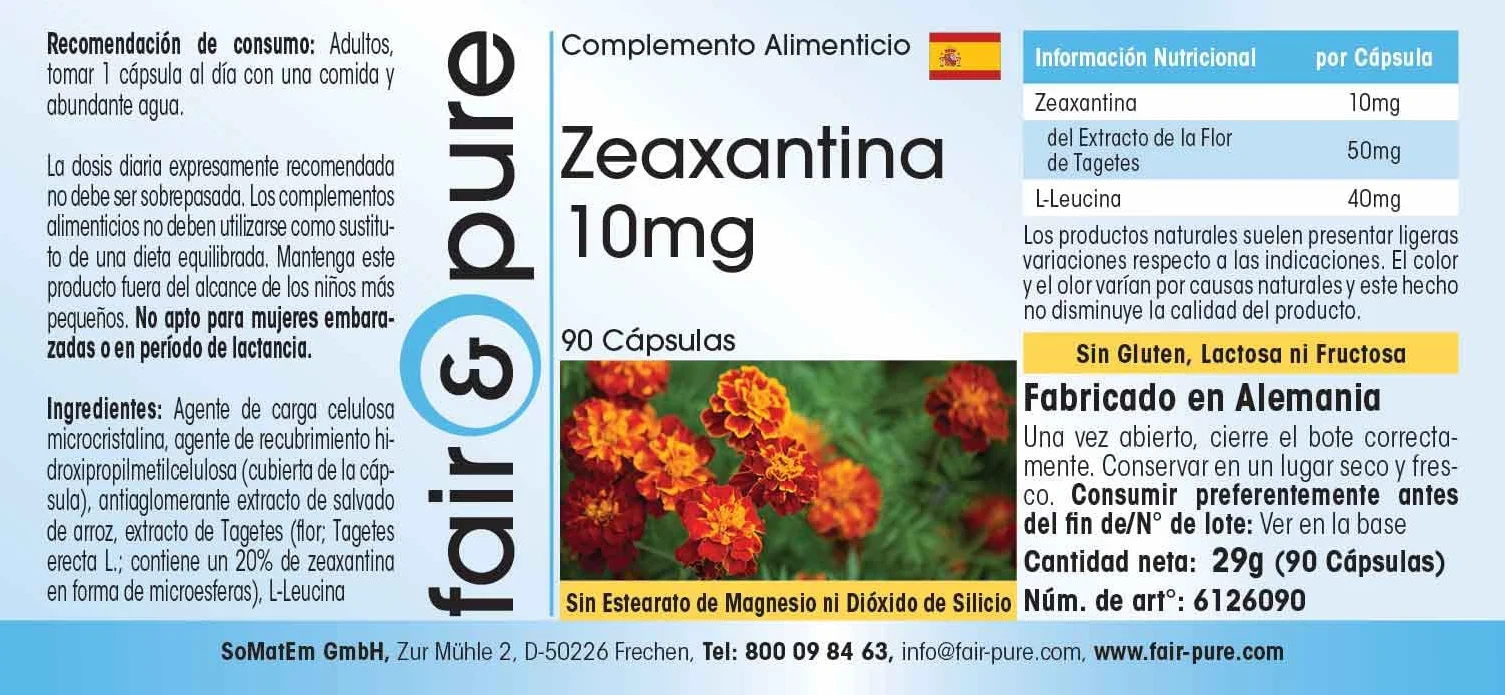 Fair & Pure Zeaxantina 10mg Naturale da fiore di calendula Vegan 90 Capsule