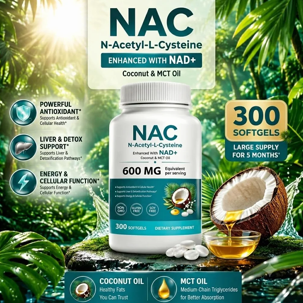 NAC N-Acetyl L-Cysteine 600 mg Softgels | Enhanced with Coconut & MCT Oil,Non-GMO, Gluten Free | 300 Softgels (100 Day Supply）