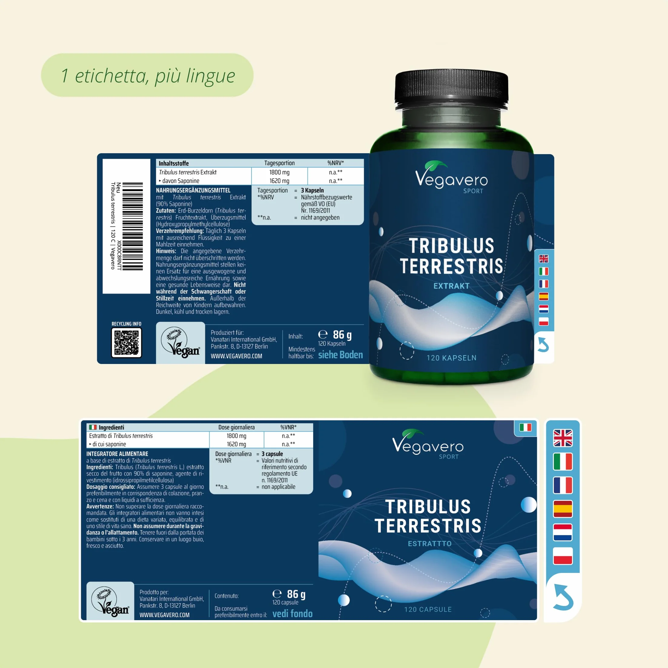Tribulus Terrestris Vegavero 90% Saponine 100% Naturale Senza Additivi No OGM 120 capsule Vegan