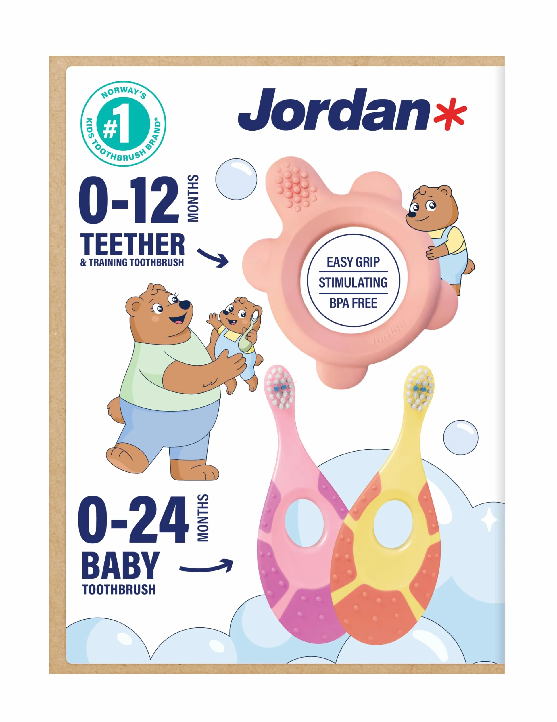 Jordan* Step 0 - Spazzolino da dentizione e da allenamento, senza BPA, igienico, 2 in 1, soluzione per dentizione e spazzolatura precoce per bambini, rosa, 1 massaggiagengive + 2 spazzolini da denti