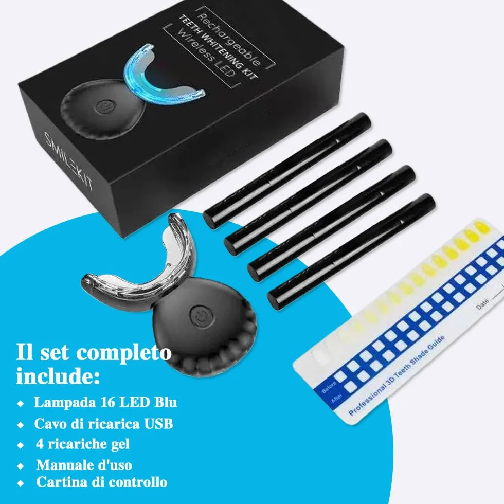 Kit Sbiancante Denti Professionale con Lampada 16 LED Blu,Quattro Penne Gel Sbiancante,Elimina le Macchie in 16 Minuti,con Applicazione Semplice e Veloce,Sicuro per lo Smalto