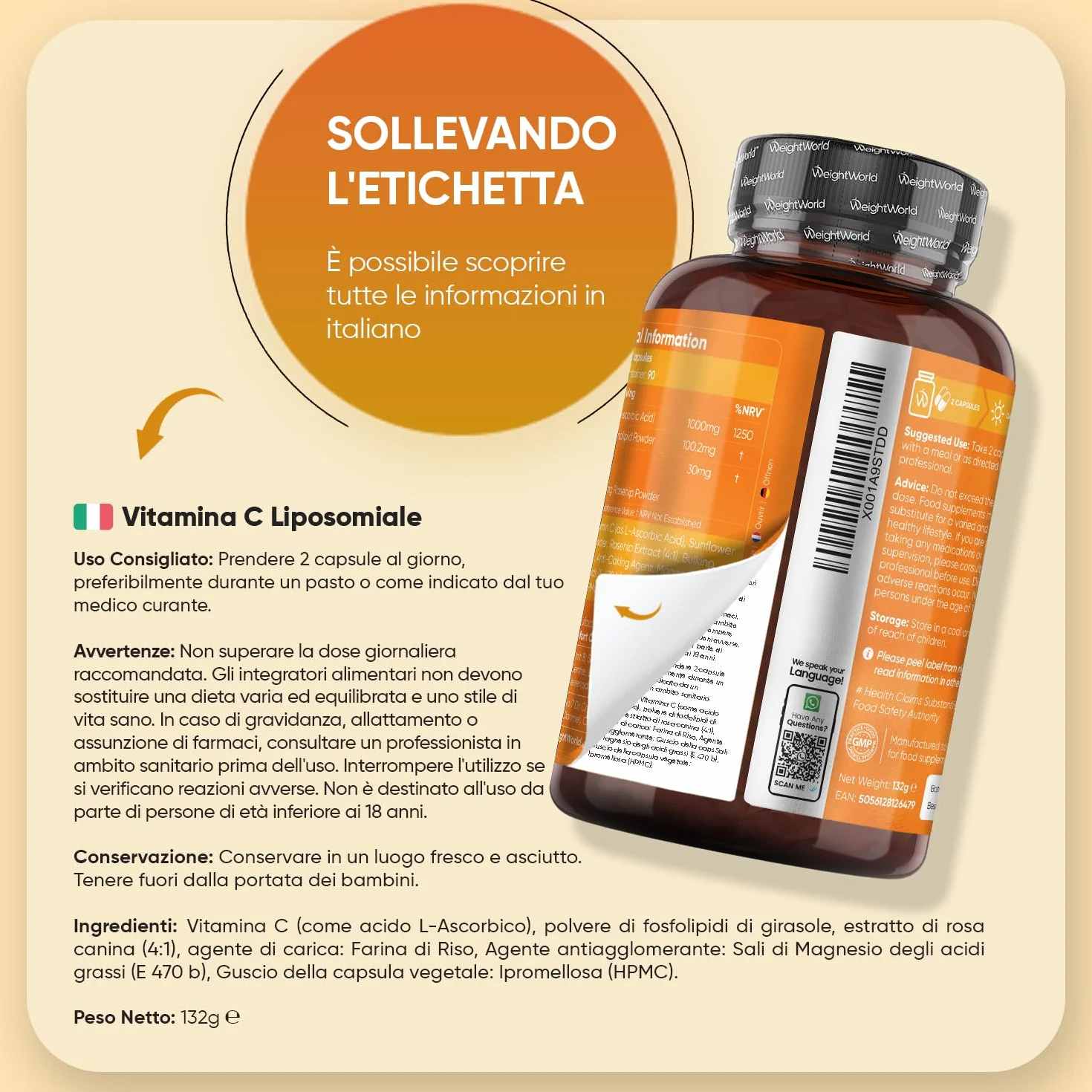 Vitamina C Liposomiale 1000mg Vegana, 180 Capsule Acido Ascorbico, Integratore Immunitario, Senza Glutine, Prodotto in UE