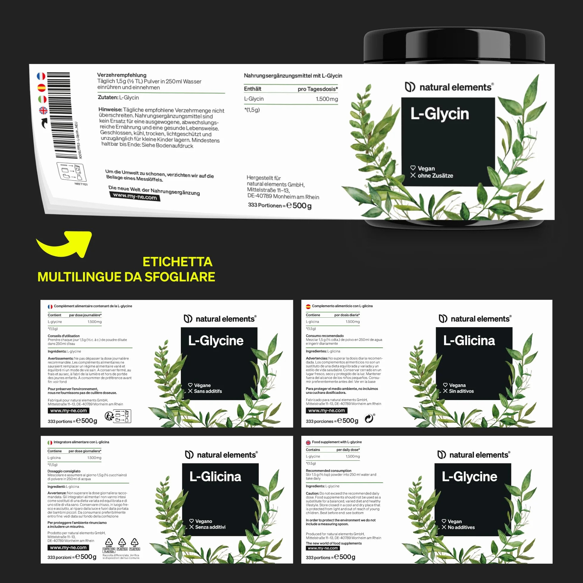 L-Glicina in polvere – 500 g (scorta di 11 mesi) – gusto neutro – vegana, dosaggio ottimale, senza additivi – prodotto e testato in laboratorio in Germania