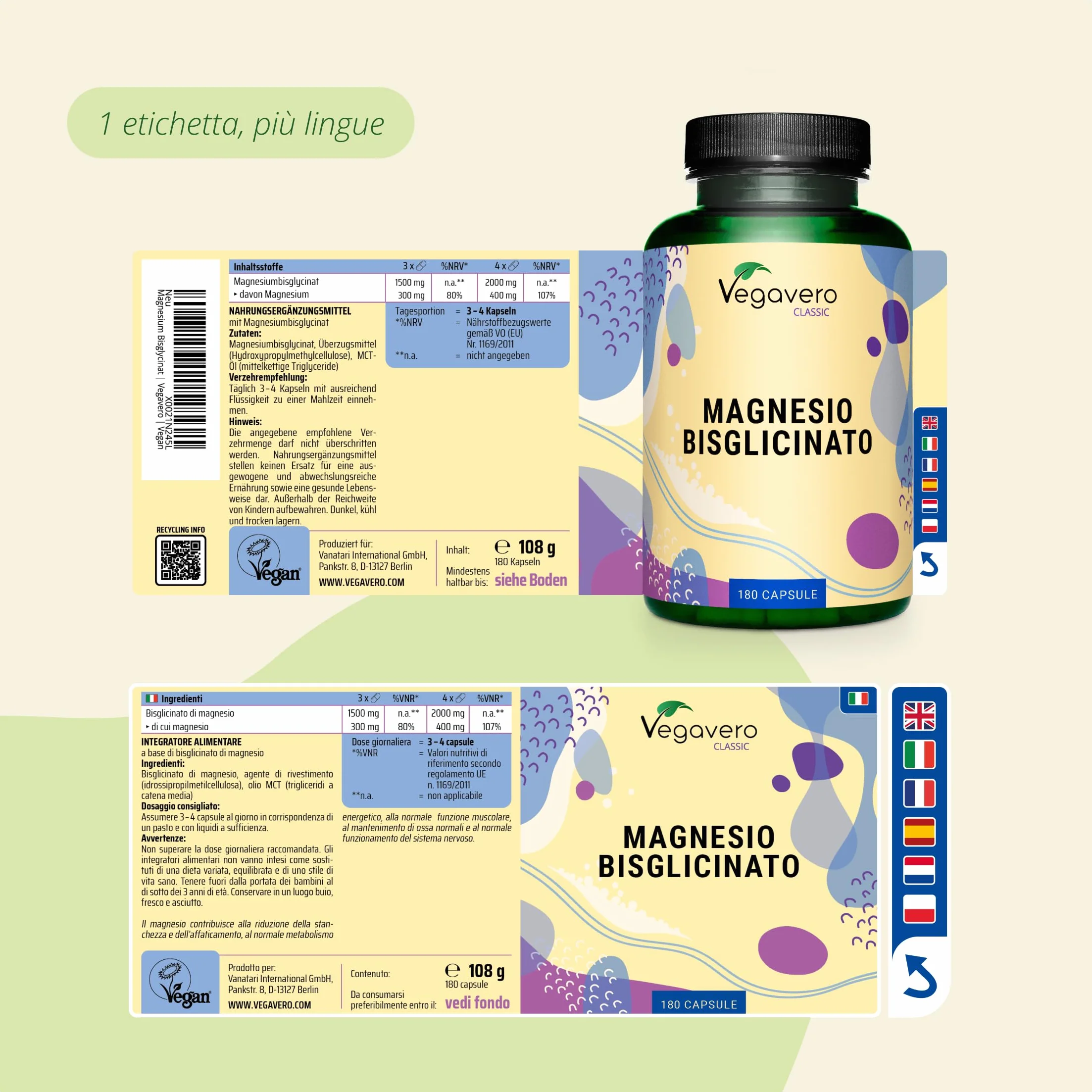 Magnesio Bisglicinato 400 mg di Magnesio Puro Elementare Forma Chelata Biodisponibile Vegavero