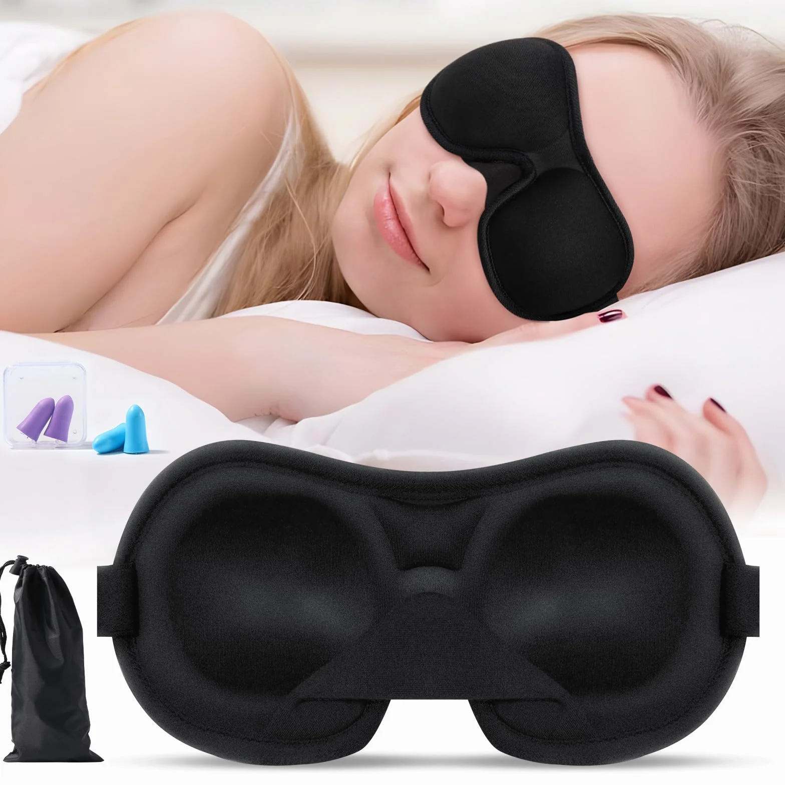 Brencco Mascherina per Dormire, 2 Paia Tappi Orecchie per Dormire, Mascherina per Occhi per Donne e Uomini, Maschera da Viaggio 3D Anti-luce, Ultra Morbida e Confortevole, Nero
